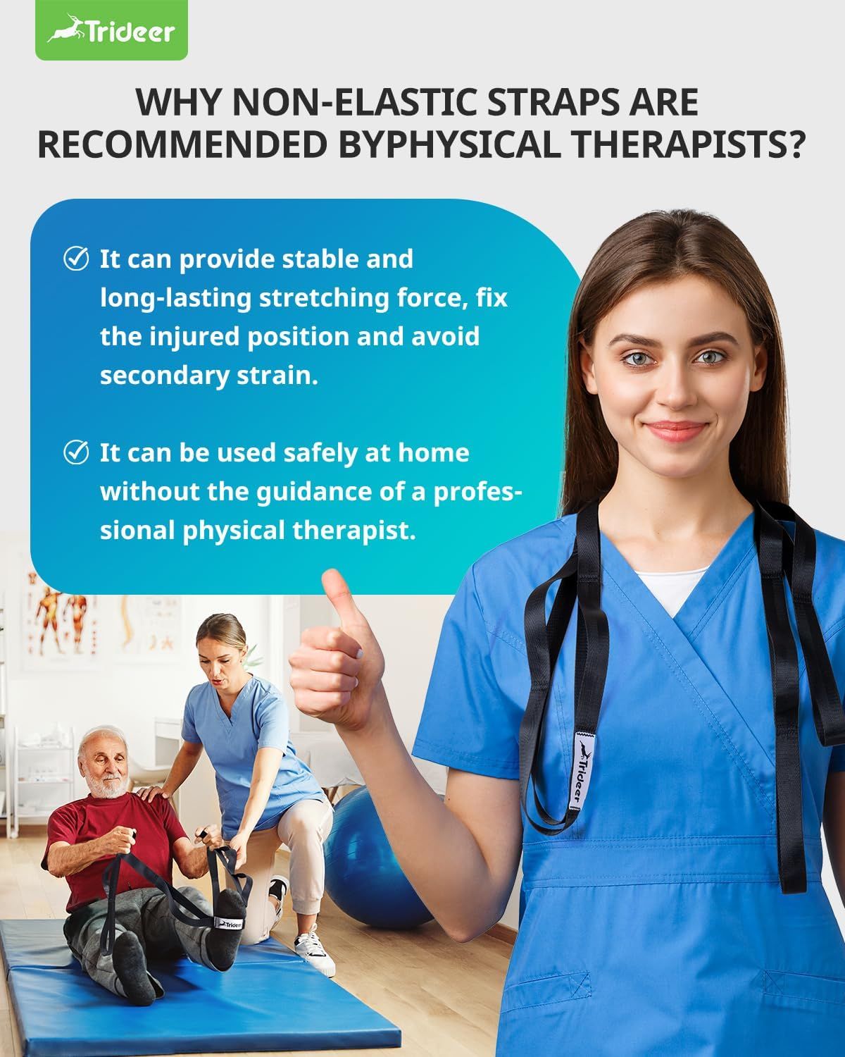 Explains why physical therapists recommend non-elastic straps by highlighting two key benefits: stable stretching force for injury recovery and safe at-home use without professional supervision.…