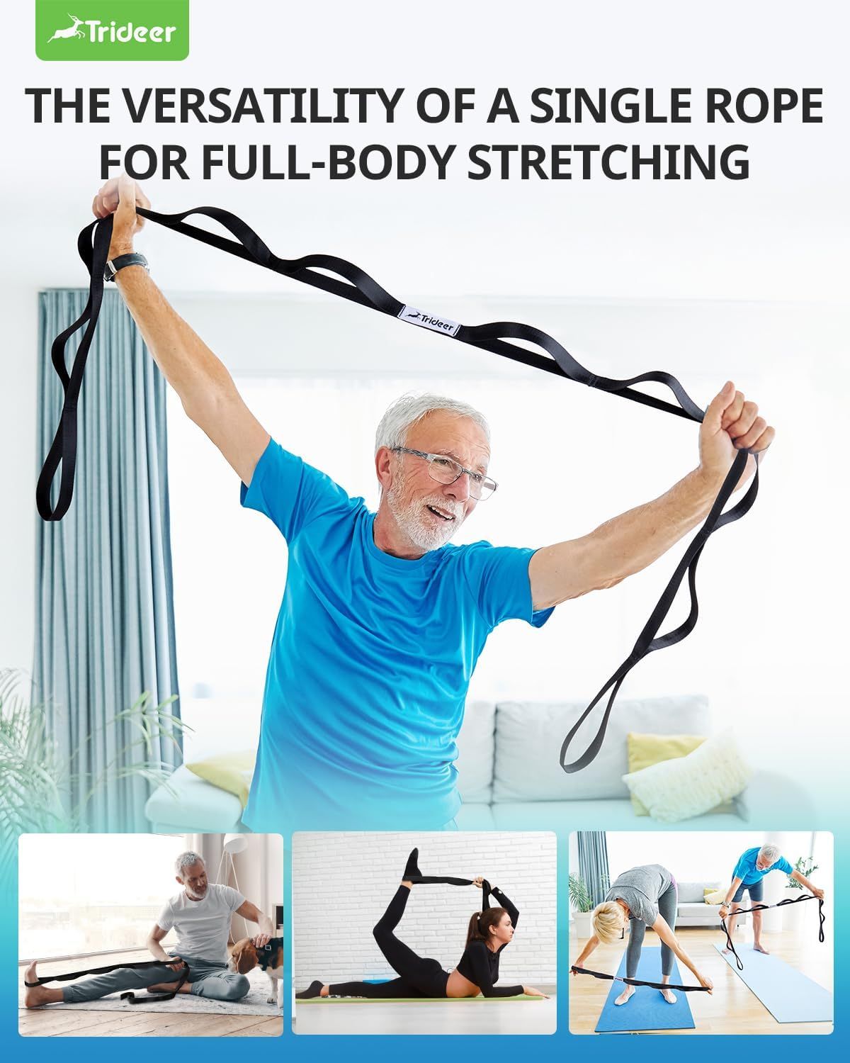 Demonstrates the versatility of the stretching rope by showing multiple different stretching exercises and use cases across various body positions and user types. Shows shoppers how to use the…
