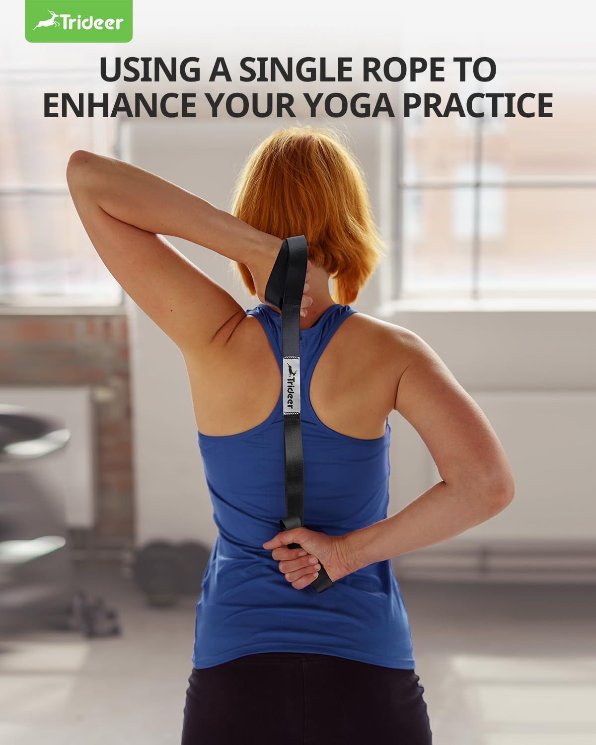 Demonstrates how the yoga rope strap helps users achieve deeper stretches and improve flexibility during yoga practice, reassuring shoppers of its practical application and effectiveness.