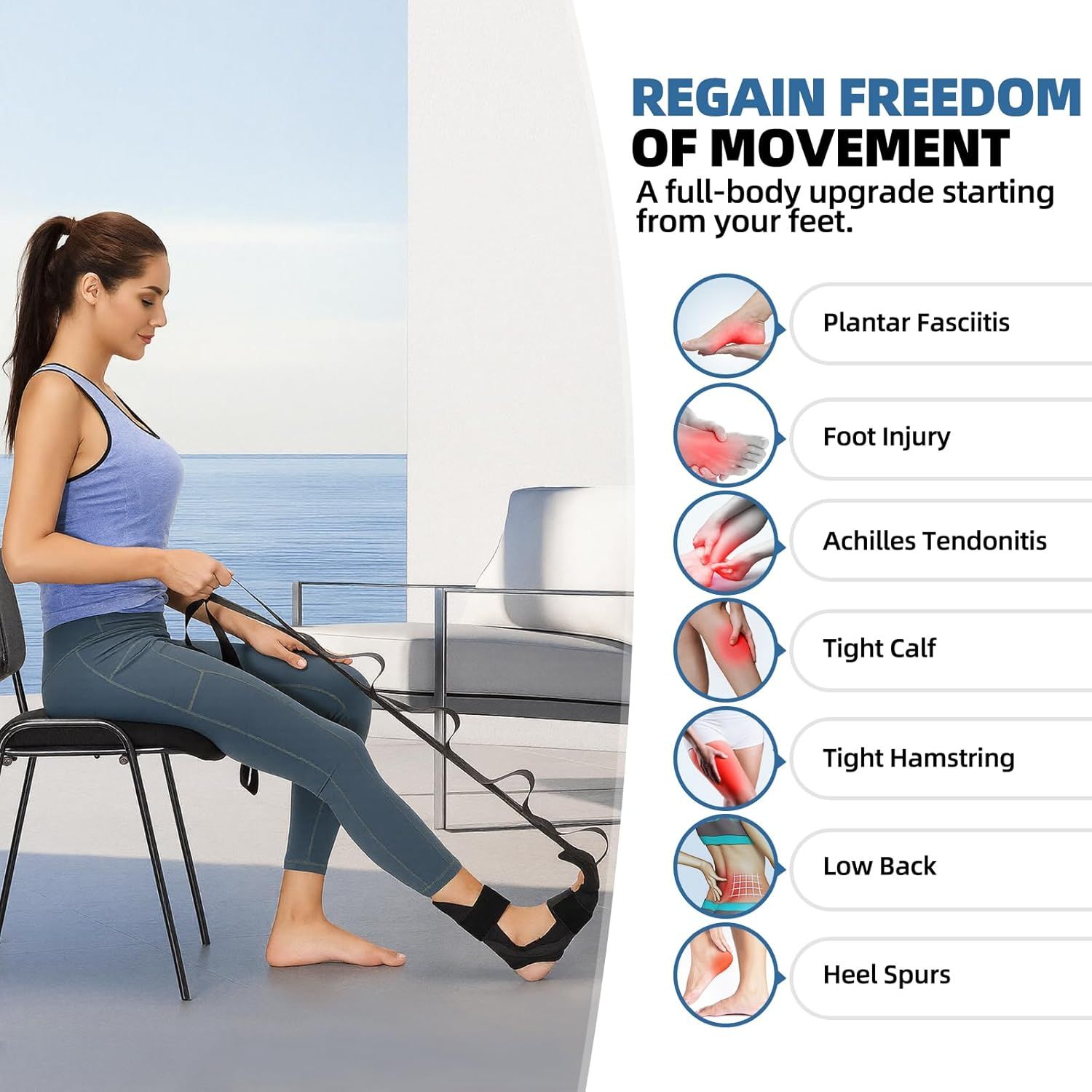 Demonstrates the multiple body areas and conditions this foot stretching device can help treat, from foot pain to full-body alignment issues, reassuring shoppers of its comprehensive therapeutic…