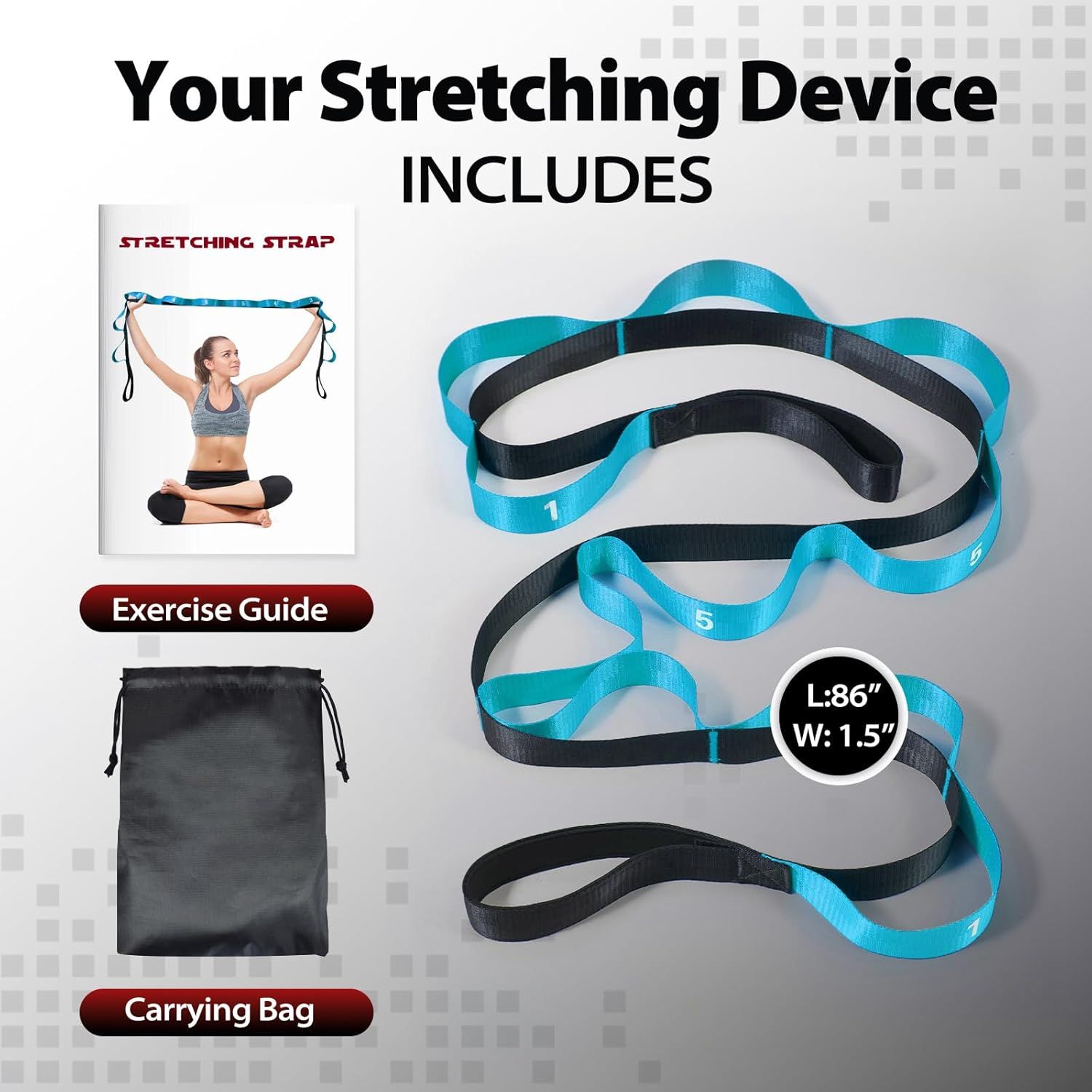 Shows the customer everything included in the package: the stretching strap with numbered loops, an exercise guide with usage instructions, and a carrying bag for portability and storage.