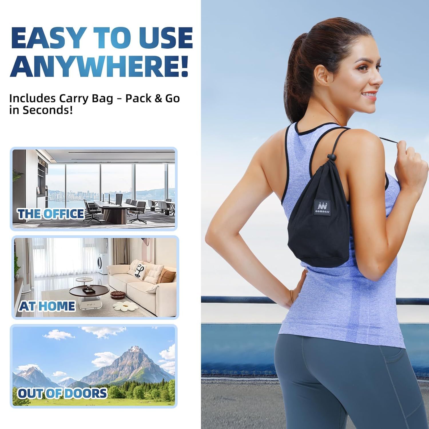 Demonstrates the product's versatility by showing it can be used in multiple environments (office, home, outdoors), emphasizing its portability and convenience with the included carry bag.…