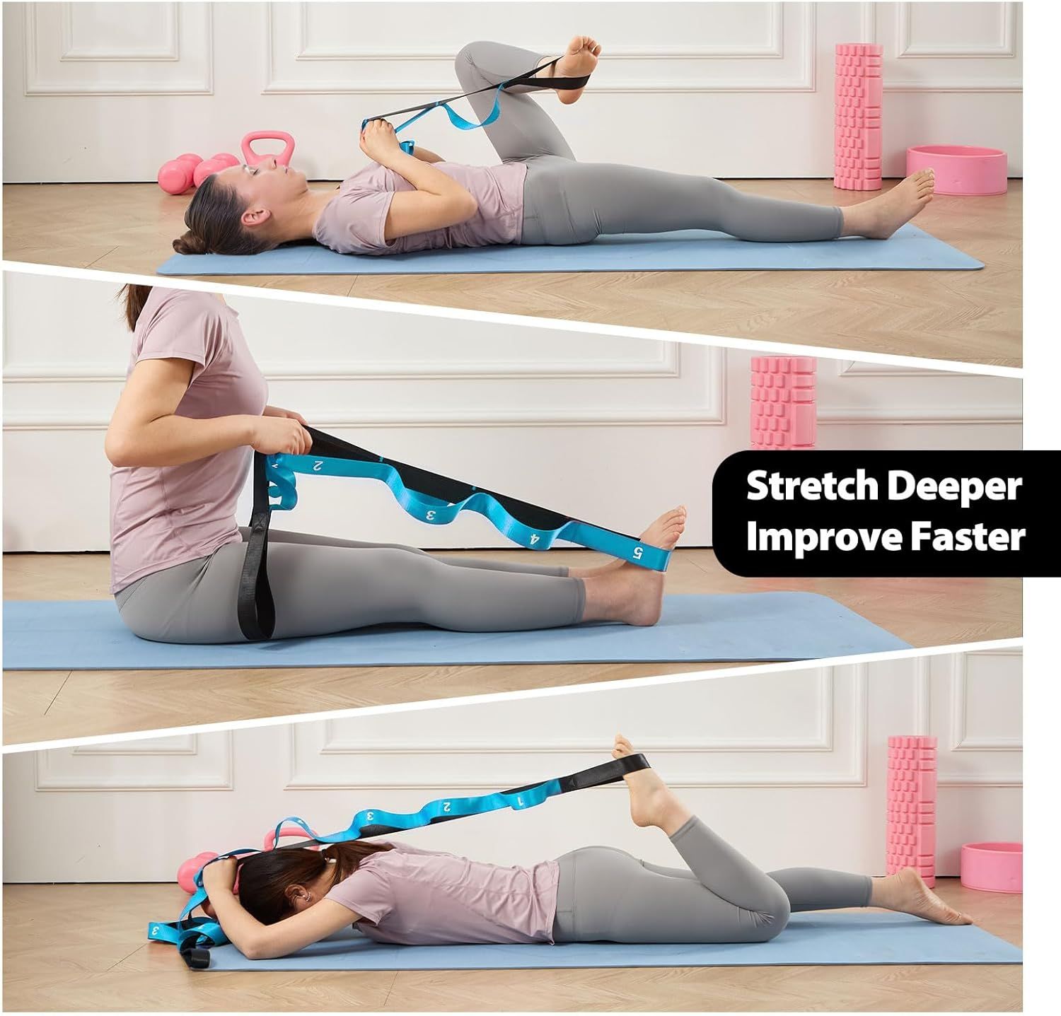 Demonstrates how to use the stretching strap in three different positions to achieve deeper stretches and improve flexibility faster. Communicates the core benefit that using this product helps…
