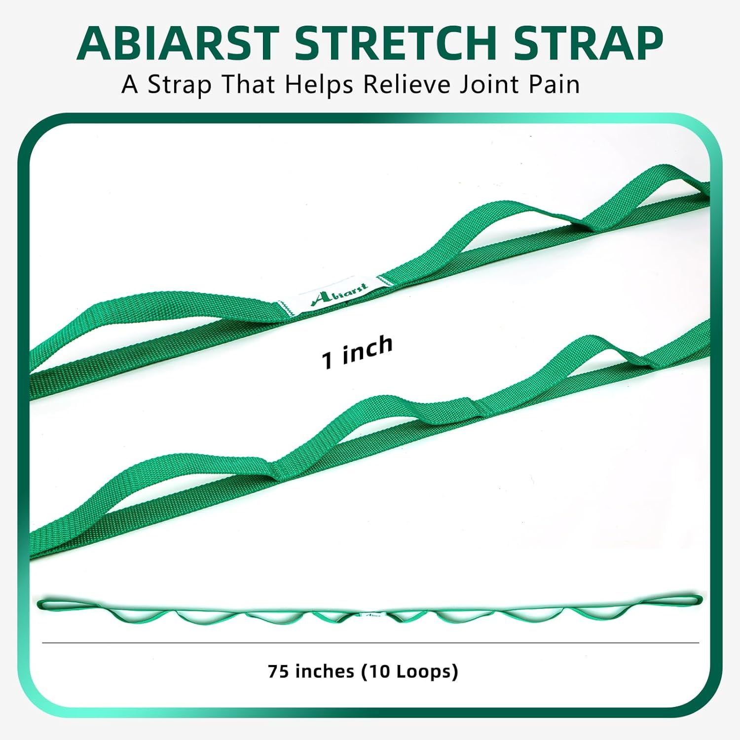 Communicates the exact physical dimensions of the stretch strap (1 inch width, 75 inches length with 10 loops) to help shoppers understand the product's size and suitability for their needs.
