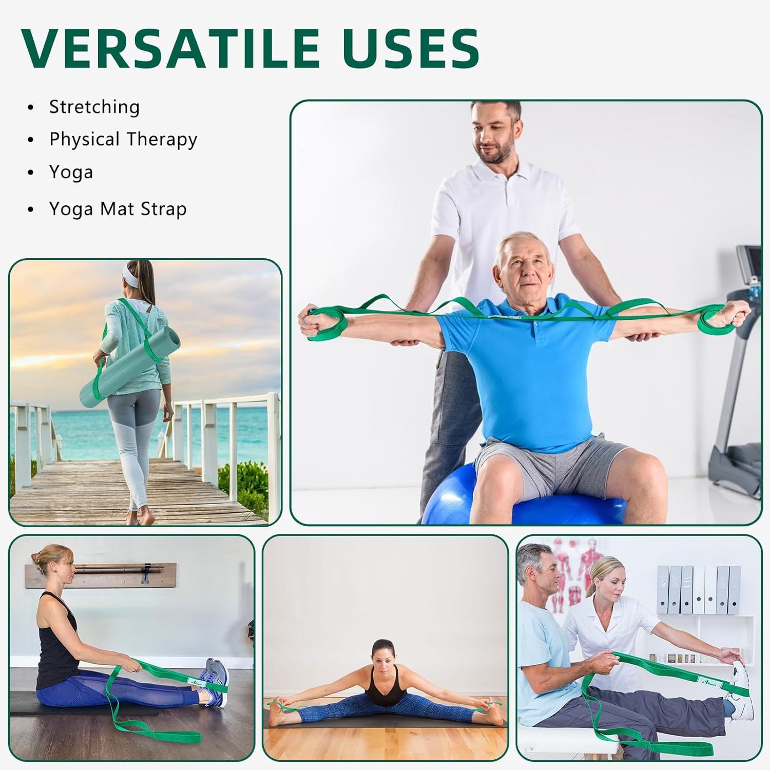 Demonstrates the product's versatility by showing multiple real-world applications including stretching, physical therapy, yoga, and yoga mat strap uses to reassure shoppers of its multi-purpose…