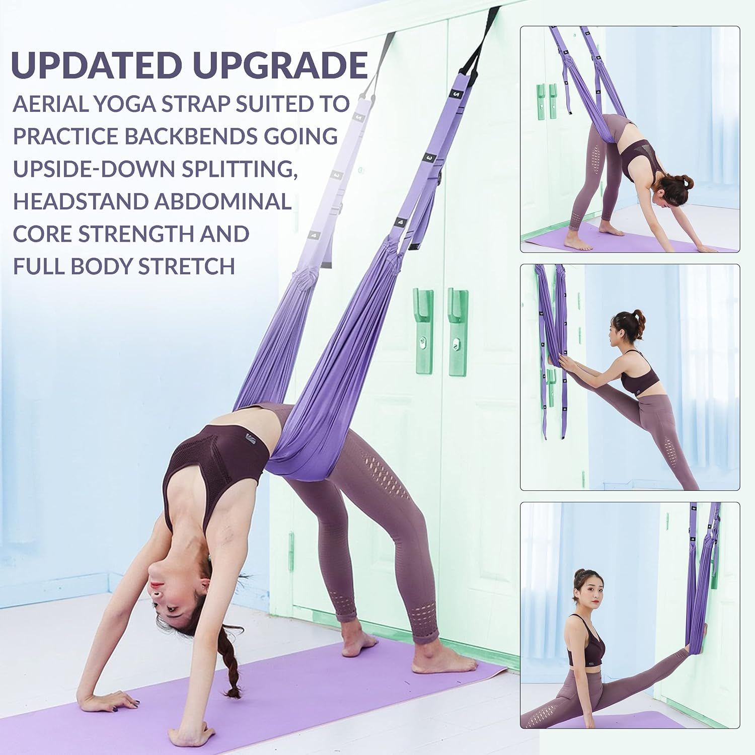 Demonstrates multiple use cases and exercises possible with the aerial yoga strap, showing versatility across different yoga poses and fitness applications. Highlights multiple distinct benefits of…