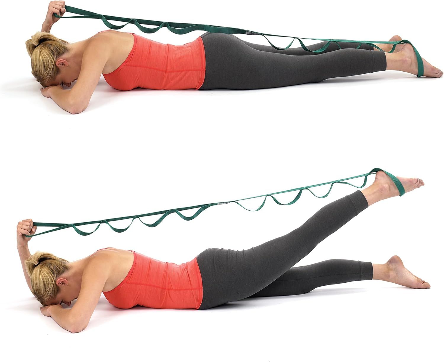 Demonstrates proper usage technique for the resistance band product by showing a two-step exercise progression, helping shoppers understand how to perform leg lifts with the band. Shows the product…