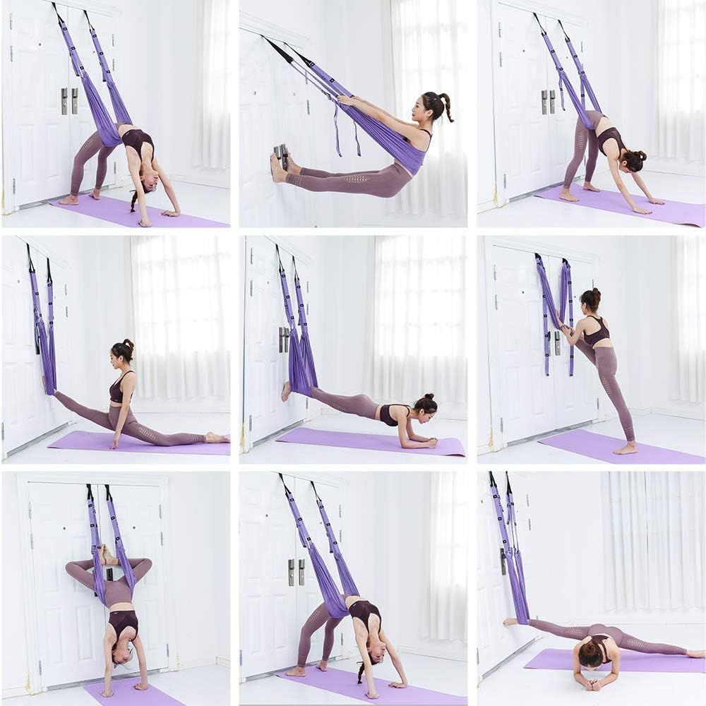 Demonstrates the multiple ways the aerial yoga hammock can be used for different exercises and poses, showing shoppers the product's versatility and range of applications. Shows shoppers various…