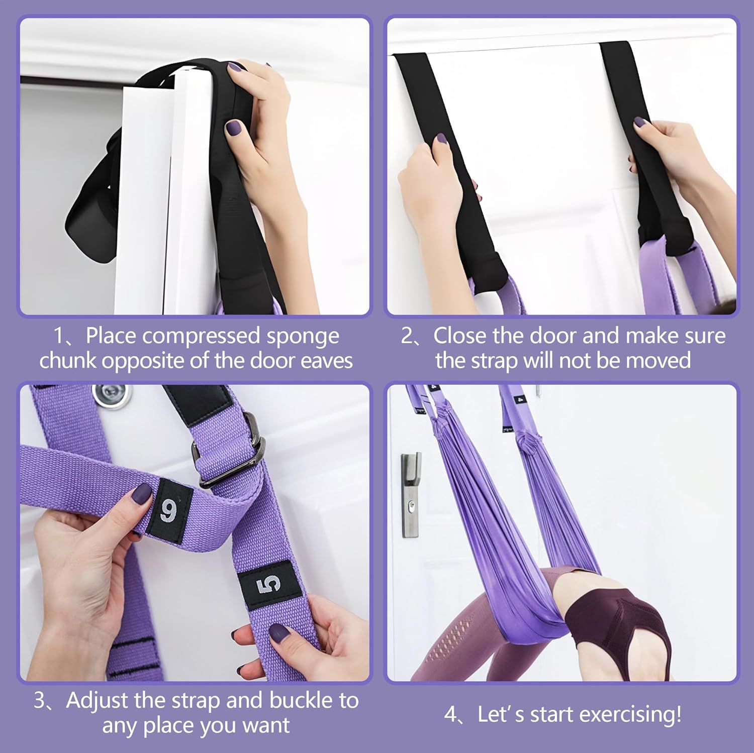 This image provides step-by-step visual instructions showing shoppers exactly how to install and set up the door-mounted exercise strap system, reassuring them that setup is straightforward and easy…