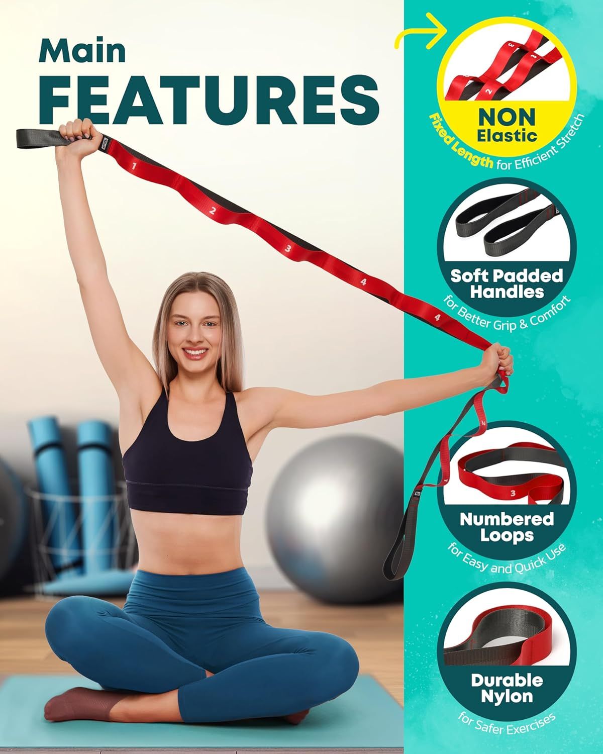 Showcases four distinct product features in a segmented vertical layout to communicate the stretch strap's key benefits: fixed length for efficient stretching, comfortable grip, easy-to-use numbered…
