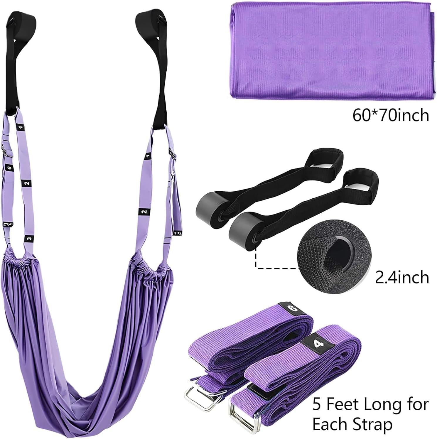 Shows the customer everything included in the purchase: the aerial yoga hammock, mounting straps, extension straps, and carrying bag, with dimensional specifications to help shoppers understand the…