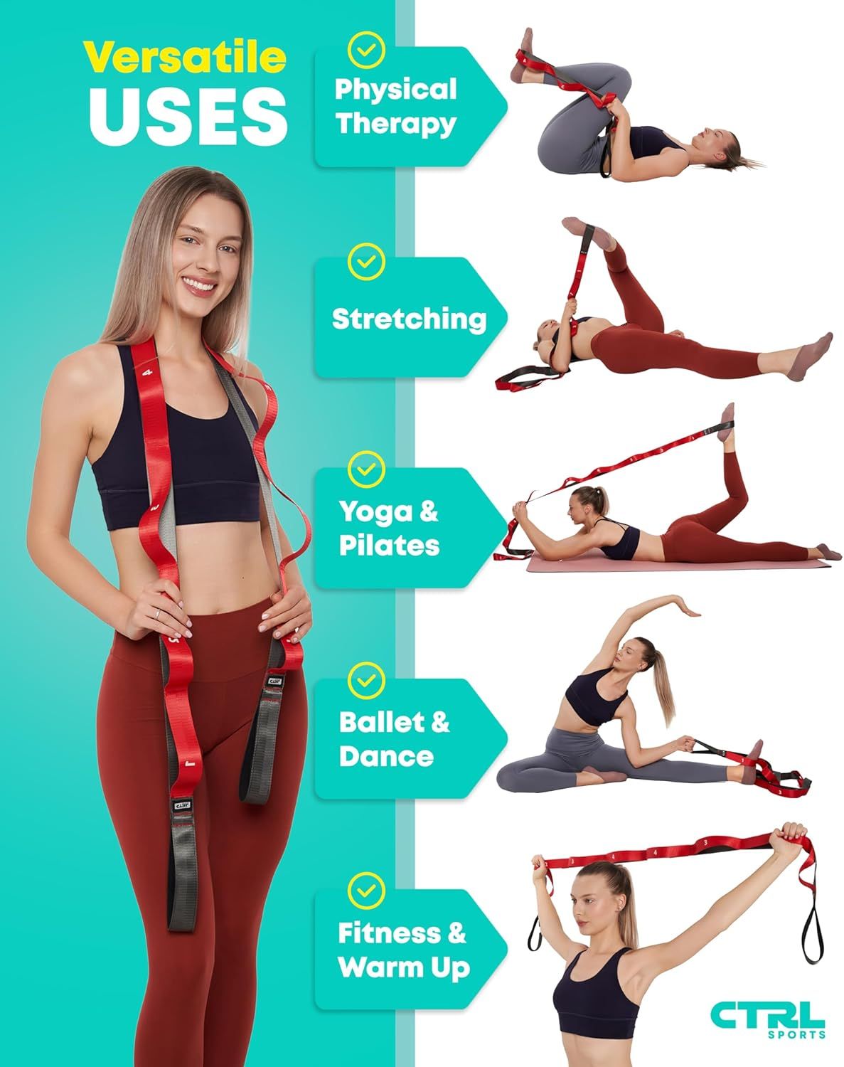 Demonstrates the versatility of the stretching strap by showing five distinct use cases across different fitness and therapy activities, reassuring shoppers that the product is suitable for multiple…