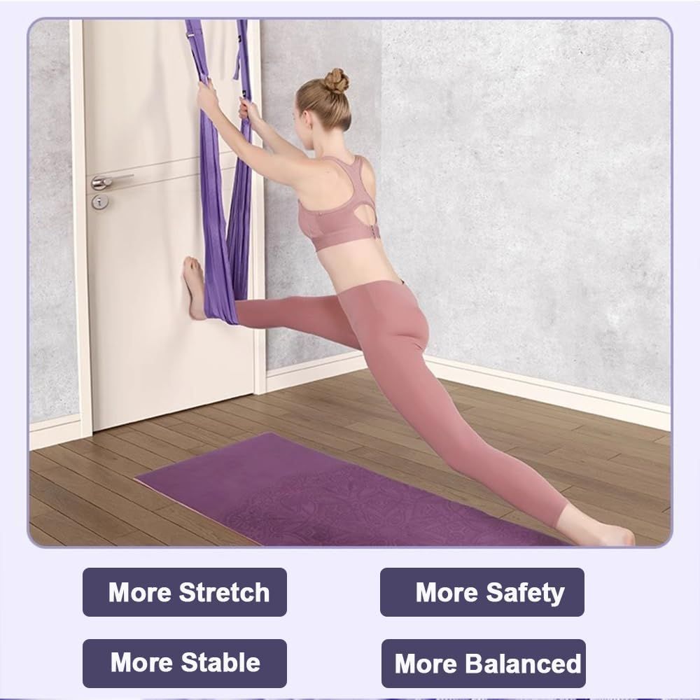 Communicates multiple distinct benefits of the aerial yoga swing product through a segmented layout with four separate benefit callouts, showing how the product enhances stretching, safety,…