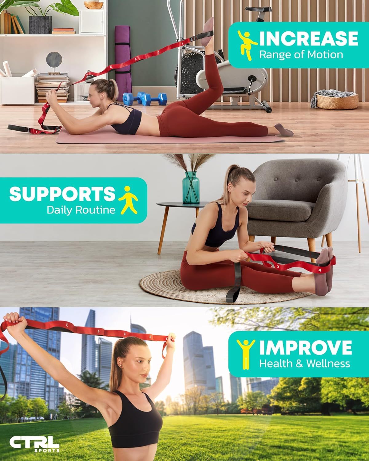 Demonstrates the versatility of the resistance band by showing it can be used in multiple environments and exercise scenarios, from home workouts to outdoor fitness routines. Highlights three…