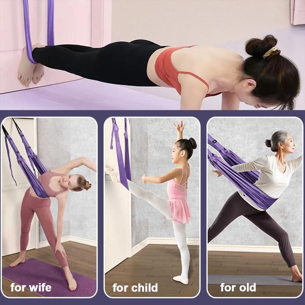 Demonstrates that the aerial yoga swing is suitable for multiple users across different age groups and fitness levels, showing versatility for wife, child, and elderly users.