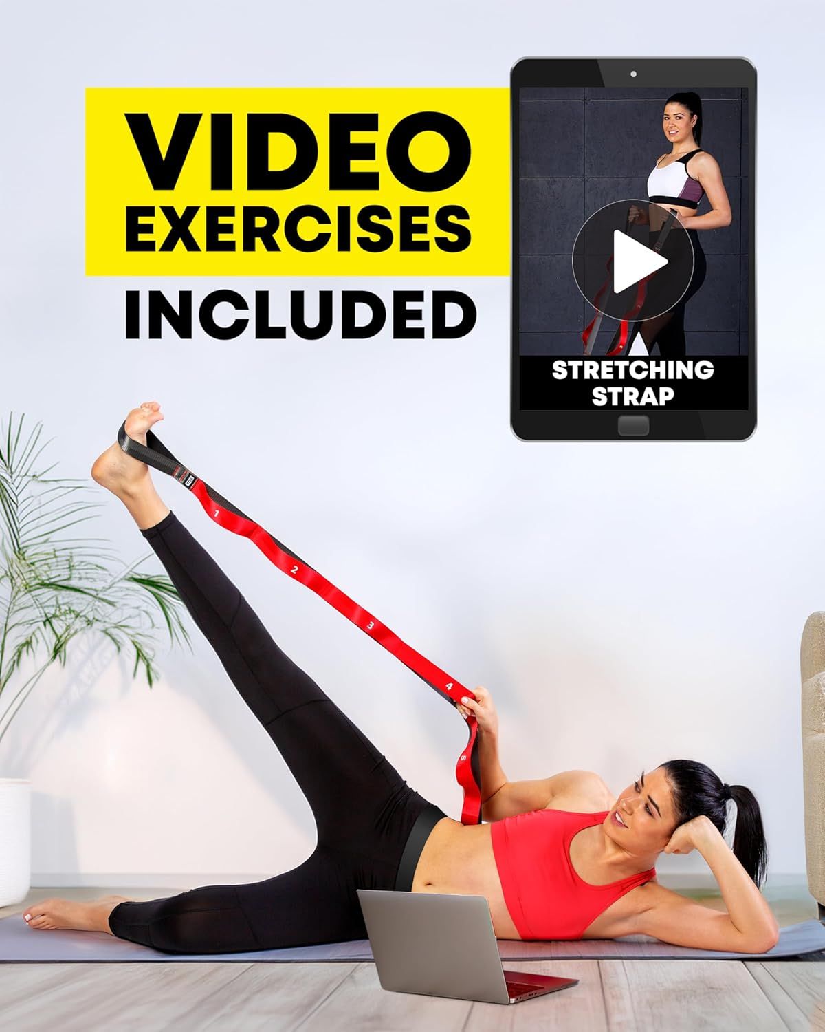 Communicates that the product comes with bonus video exercise content and shows the stretching strap in use, reassuring shoppers they'll receive instructional support and the physical product.…