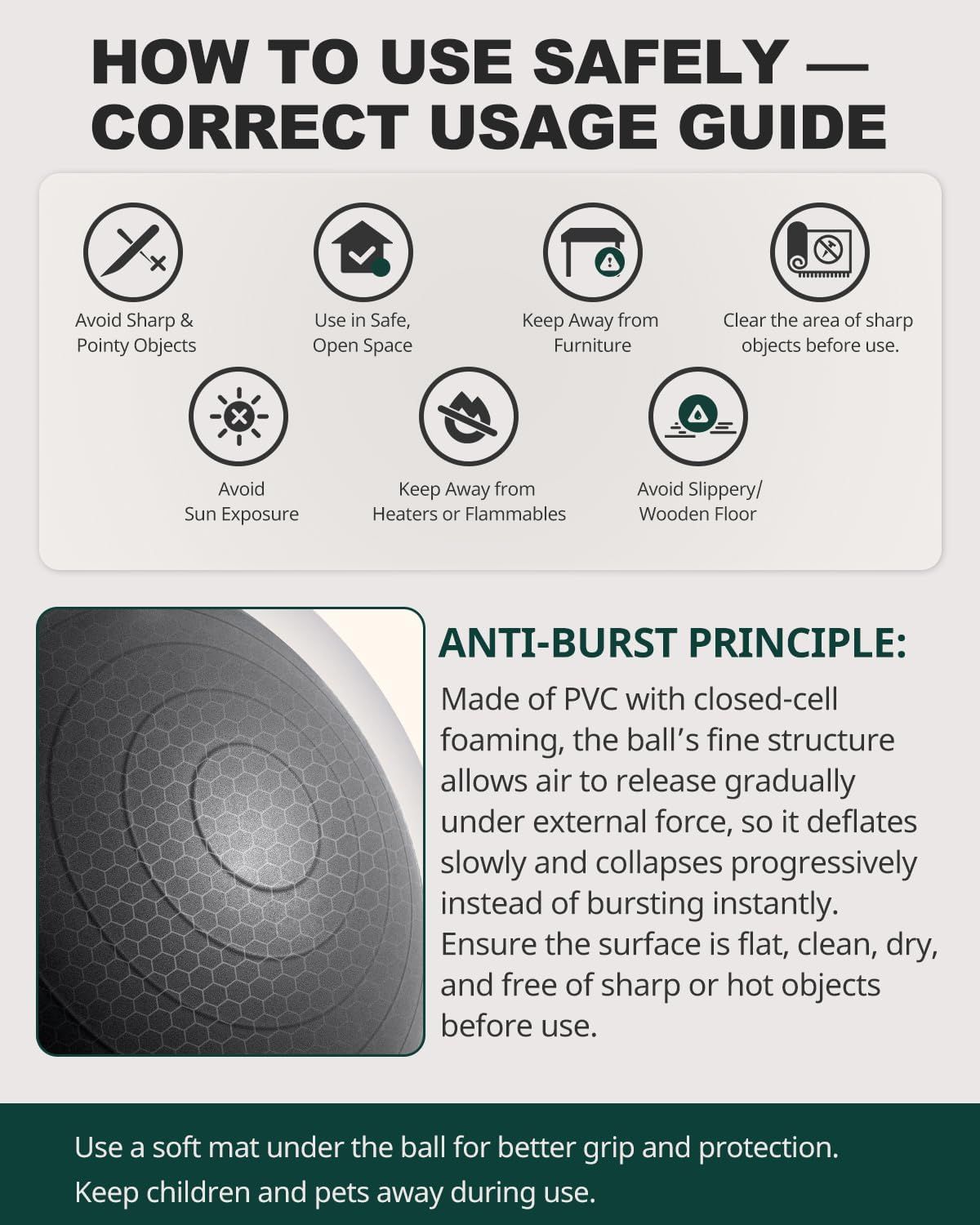 Educates shoppers on how to use the product safely by providing clear usage instructions, safety warnings, and highlighting the anti-burst safety feature to build confidence and prevent misuse.…