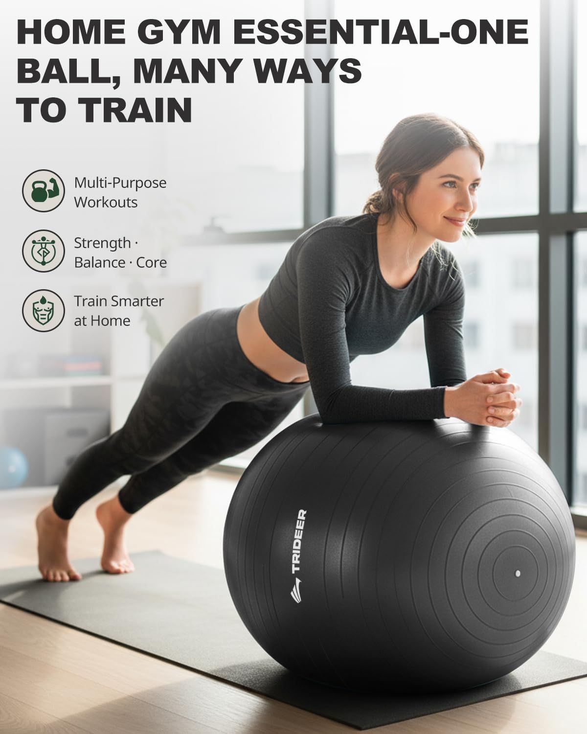 Demonstrates the versatility of the exercise ball by highlighting multiple workout applications including strength, balance, and core training to show shoppers the product's diverse training…