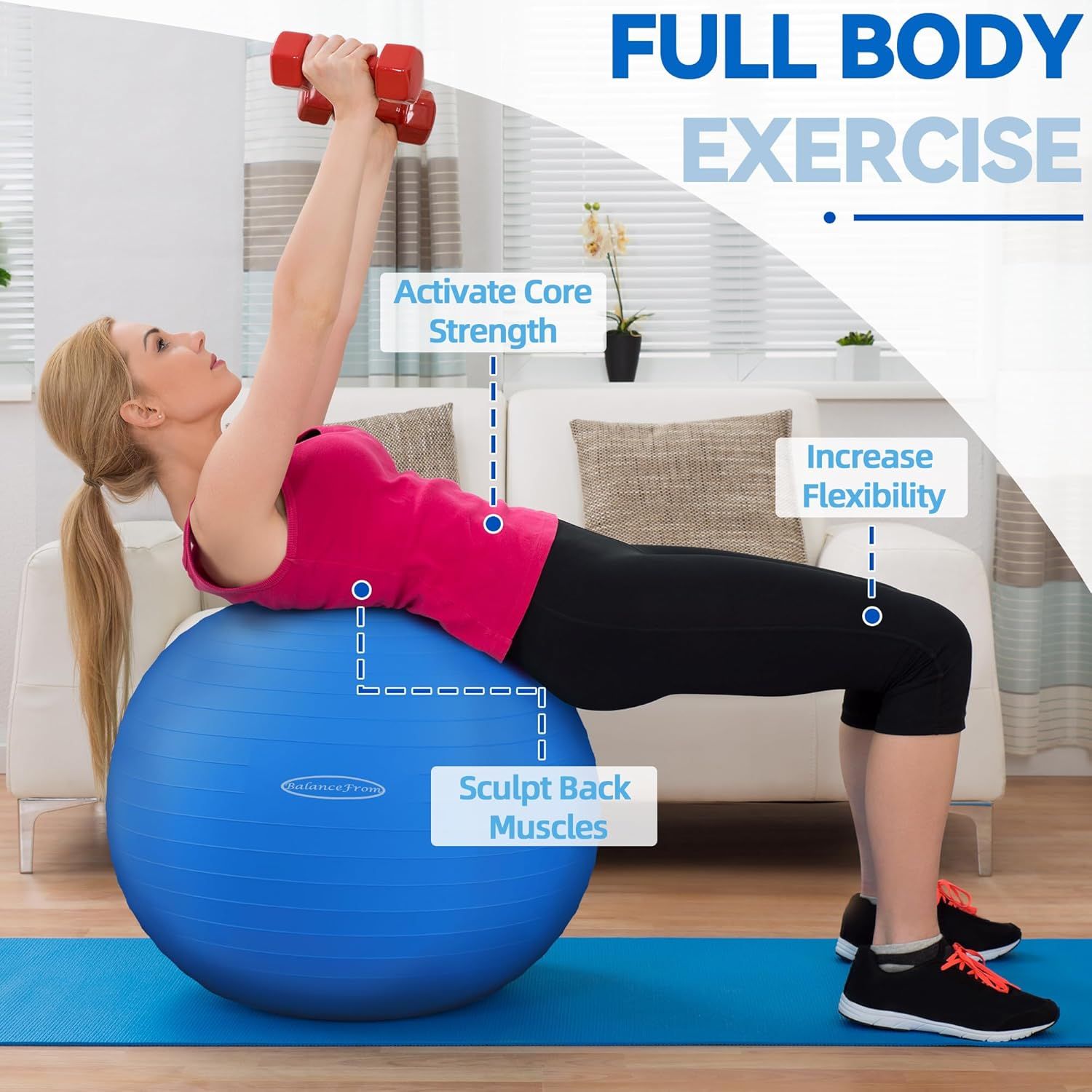 Demonstrates multiple distinct fitness benefits of using the exercise ball, showing how it targets different muscle groups and capabilities in a full-body workout.