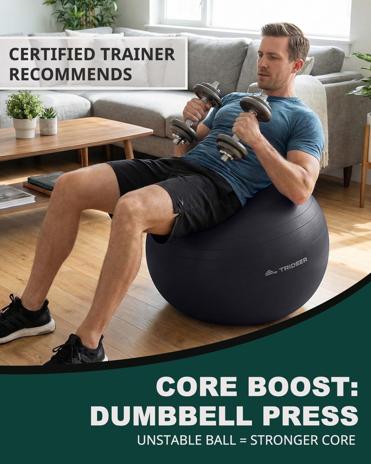 Builds credibility and trust by showing that a certified fitness trainer recommends this product for core strengthening exercises. Demonstrates how the unstable exercise ball enhances core strength…