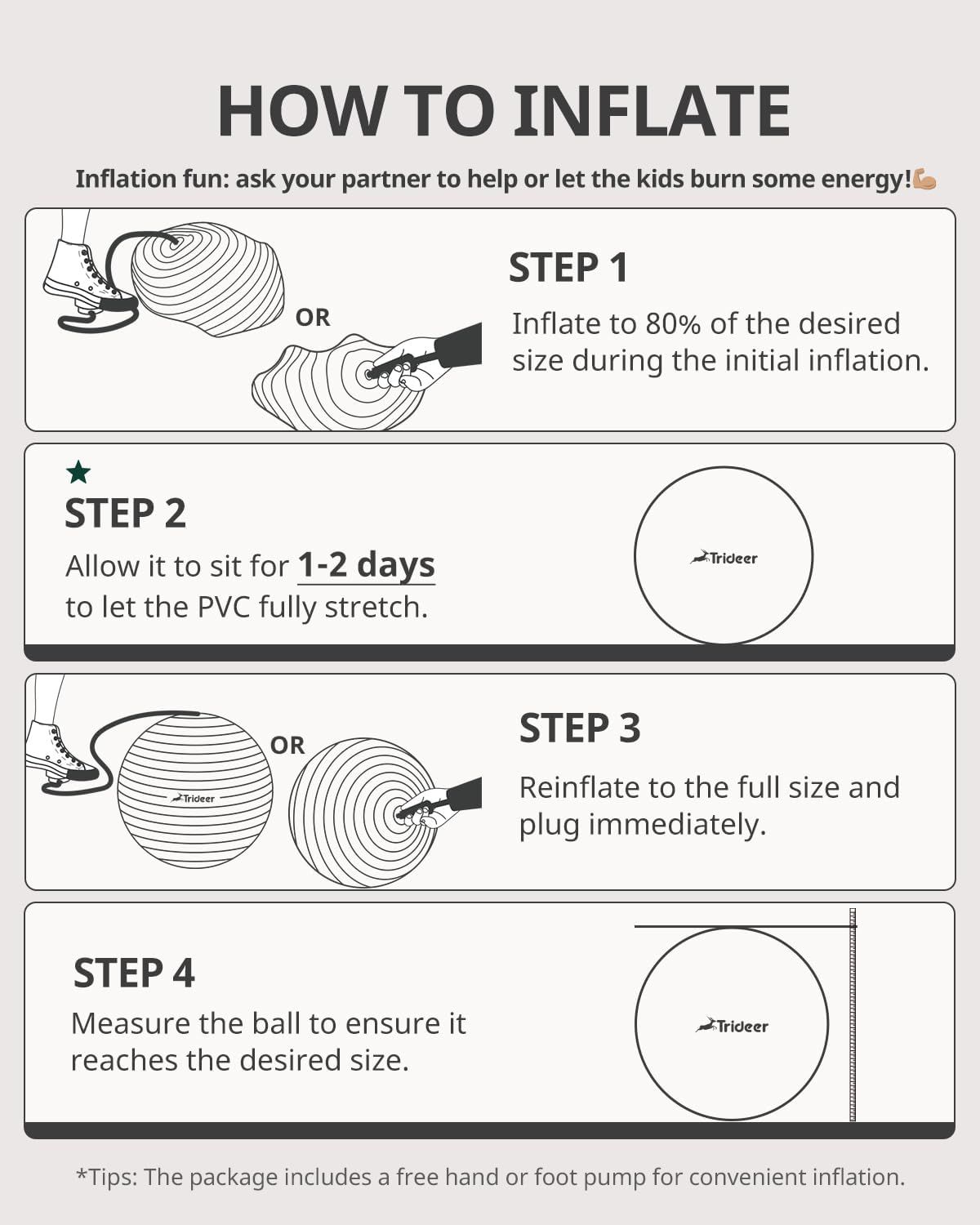 Provides clear step-by-step instructions on how to properly inflate the product (exercise ball) to ensure correct setup and optimal performance.