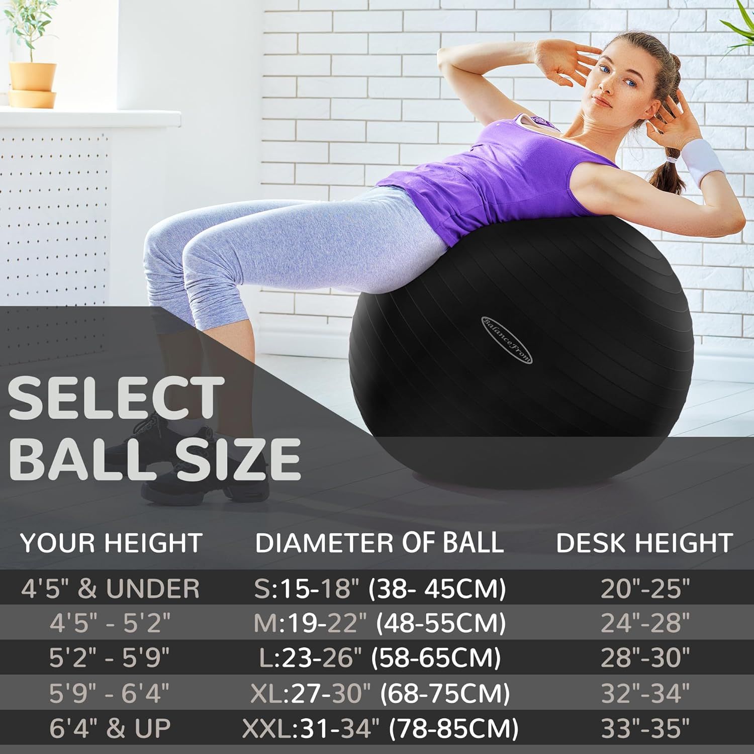 Helps shoppers choose the correct exercise ball size based on their height and desk height, ensuring proper fit and ergonomic use.