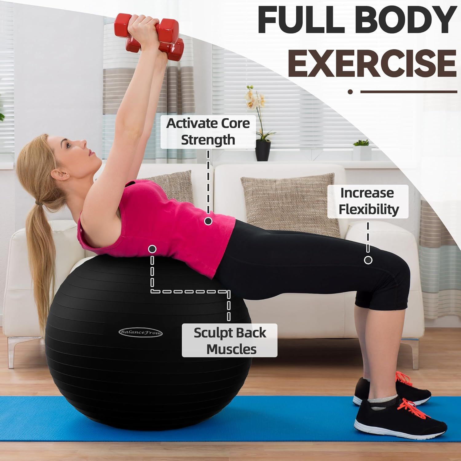Demonstrates multiple distinct fitness benefits of using the exercise ball, showing how it targets different muscle groups and capabilities to reassure shoppers of its comprehensive workout value.