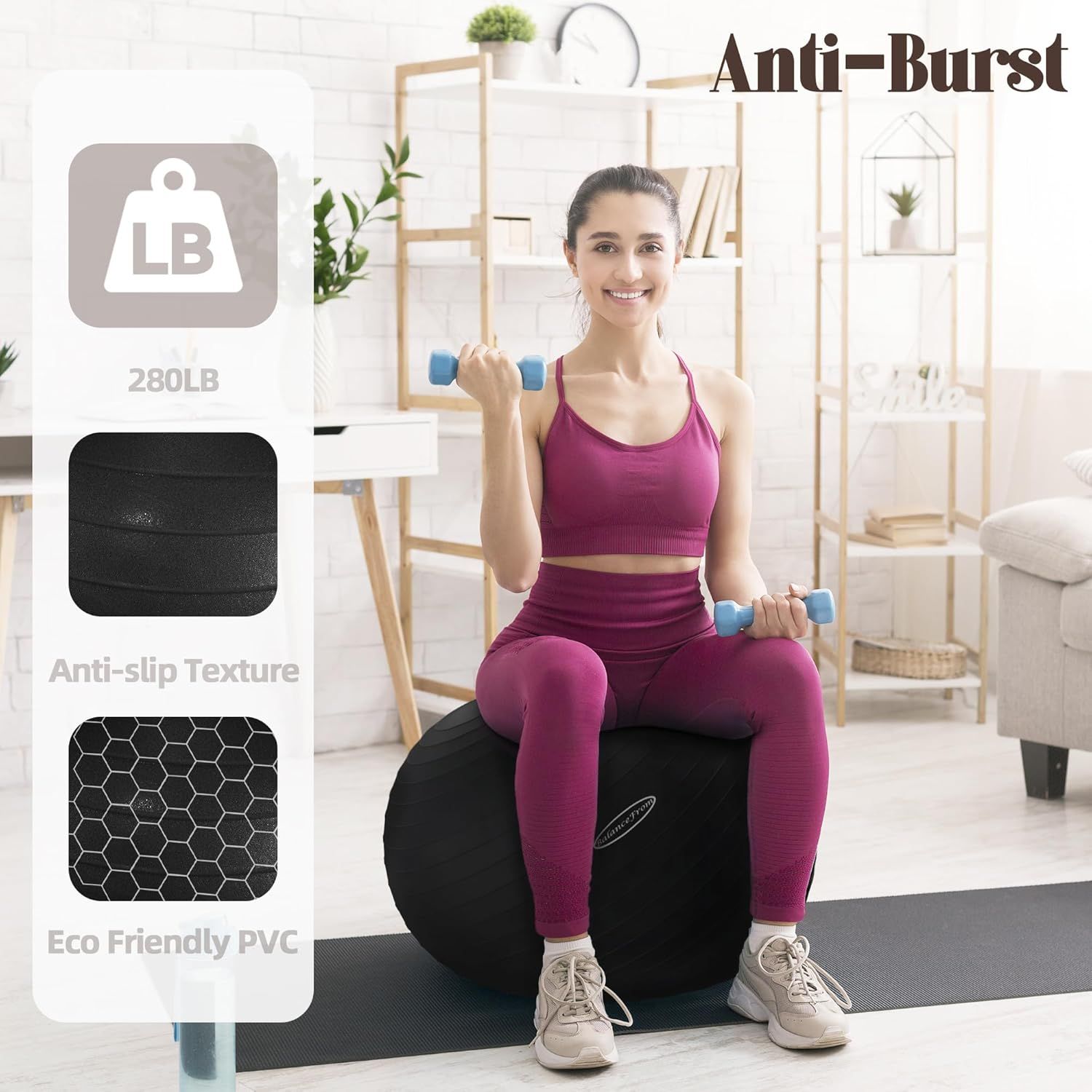 Communicates multiple key product benefits in a segmented layout to reassure shoppers about the exercise ball's durability, safety, weight capacity, and eco-friendly materials.