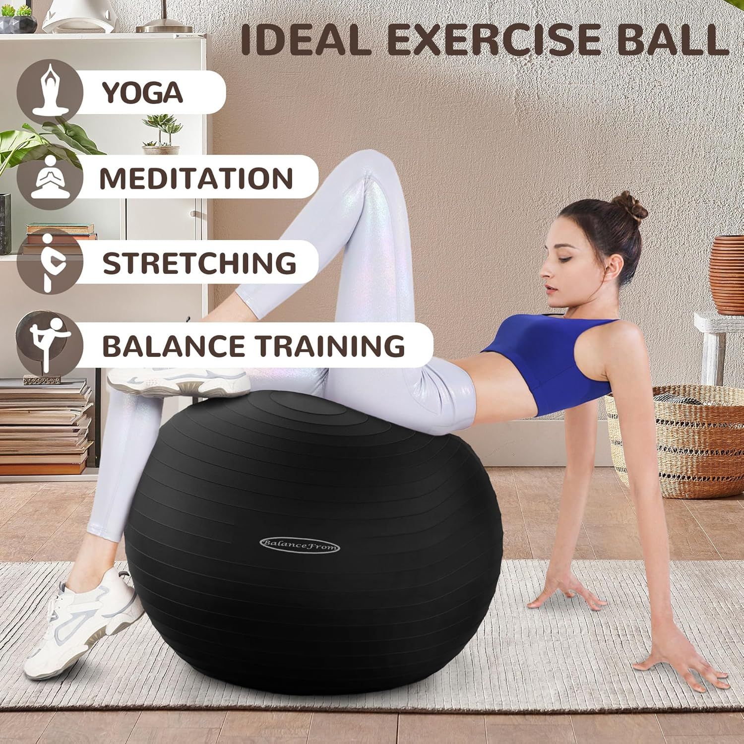 Demonstrates the multiple use cases for the exercise ball, showing shoppers its versatility across different fitness and wellness activities.
