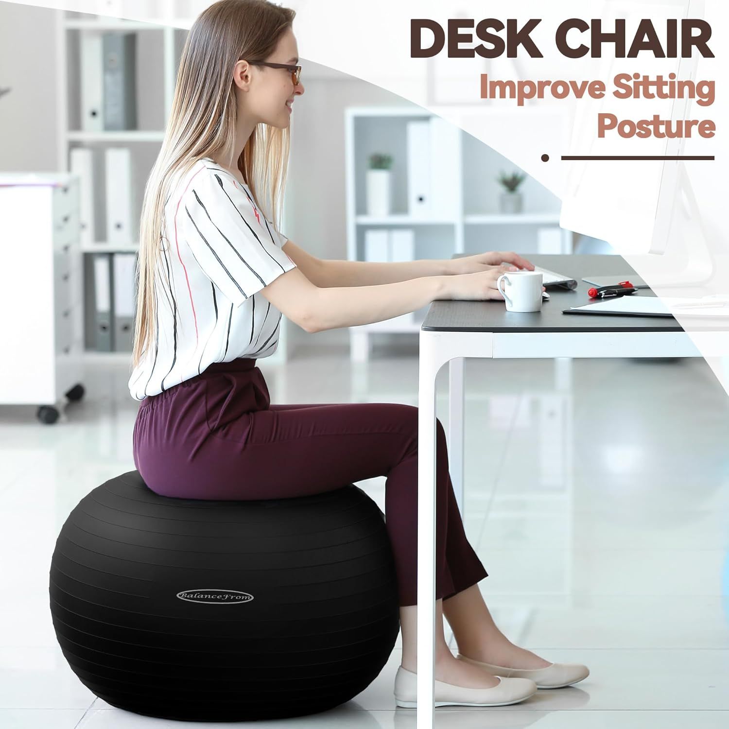 Demonstrates how the balance ball desk chair promotes better posture while working at a desk, reassuring shoppers of its ergonomic health benefits.