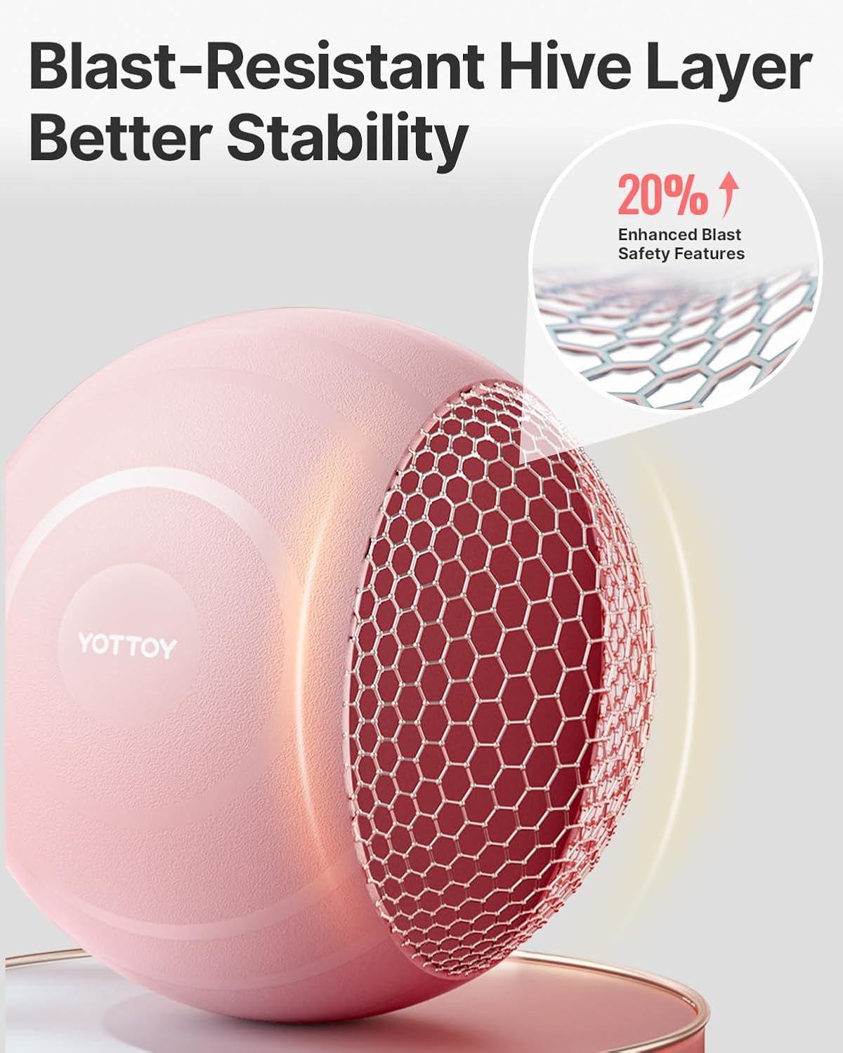 Highlights the product's internal honeycomb structure that provides blast resistance and stability, with a zoomed-in callout showing the 20% improvement in safety features to reassure shoppers of…