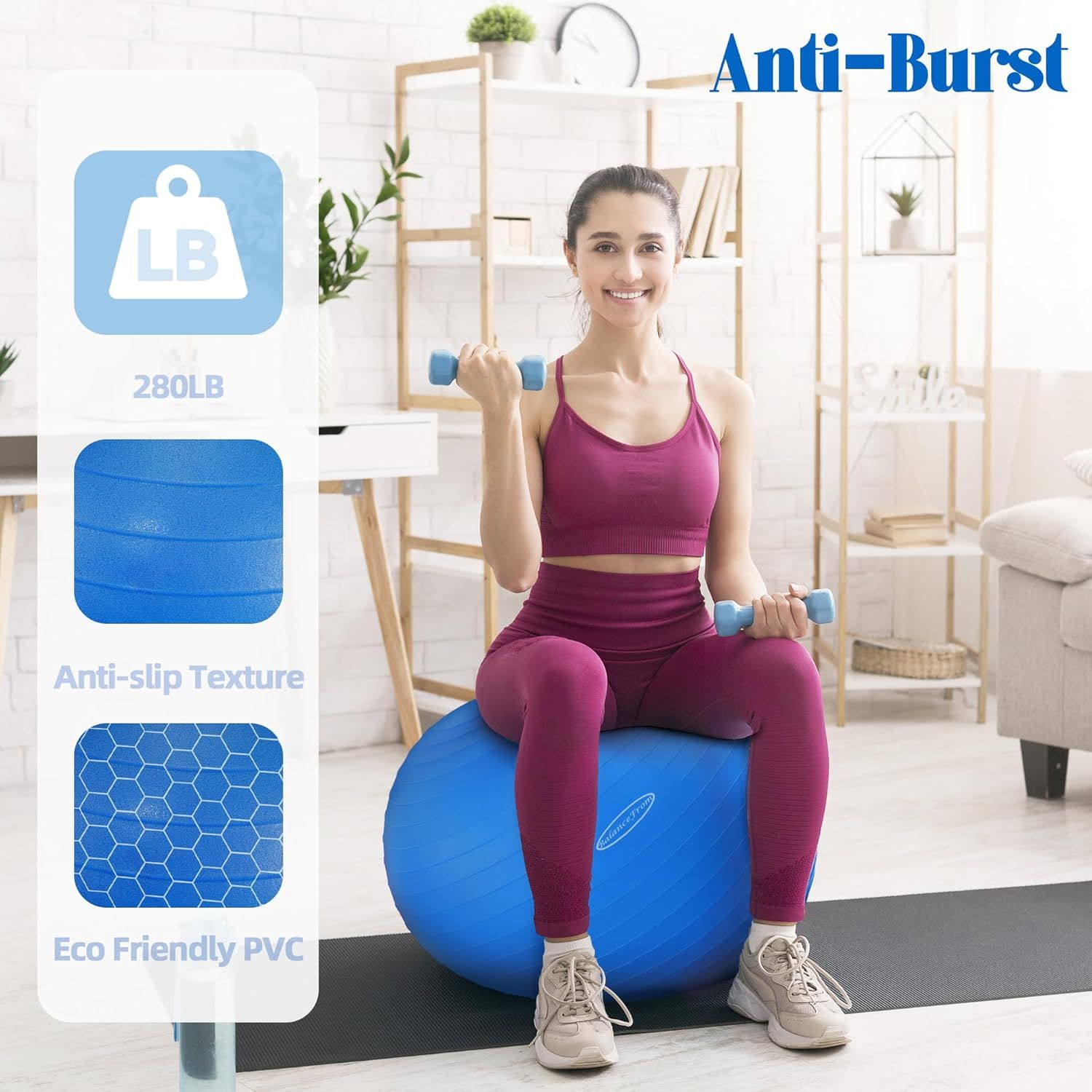 Communicates multiple key product benefits in a segmented layout to reassure shoppers about the exercise ball's durability, safety, and environmental responsibility.