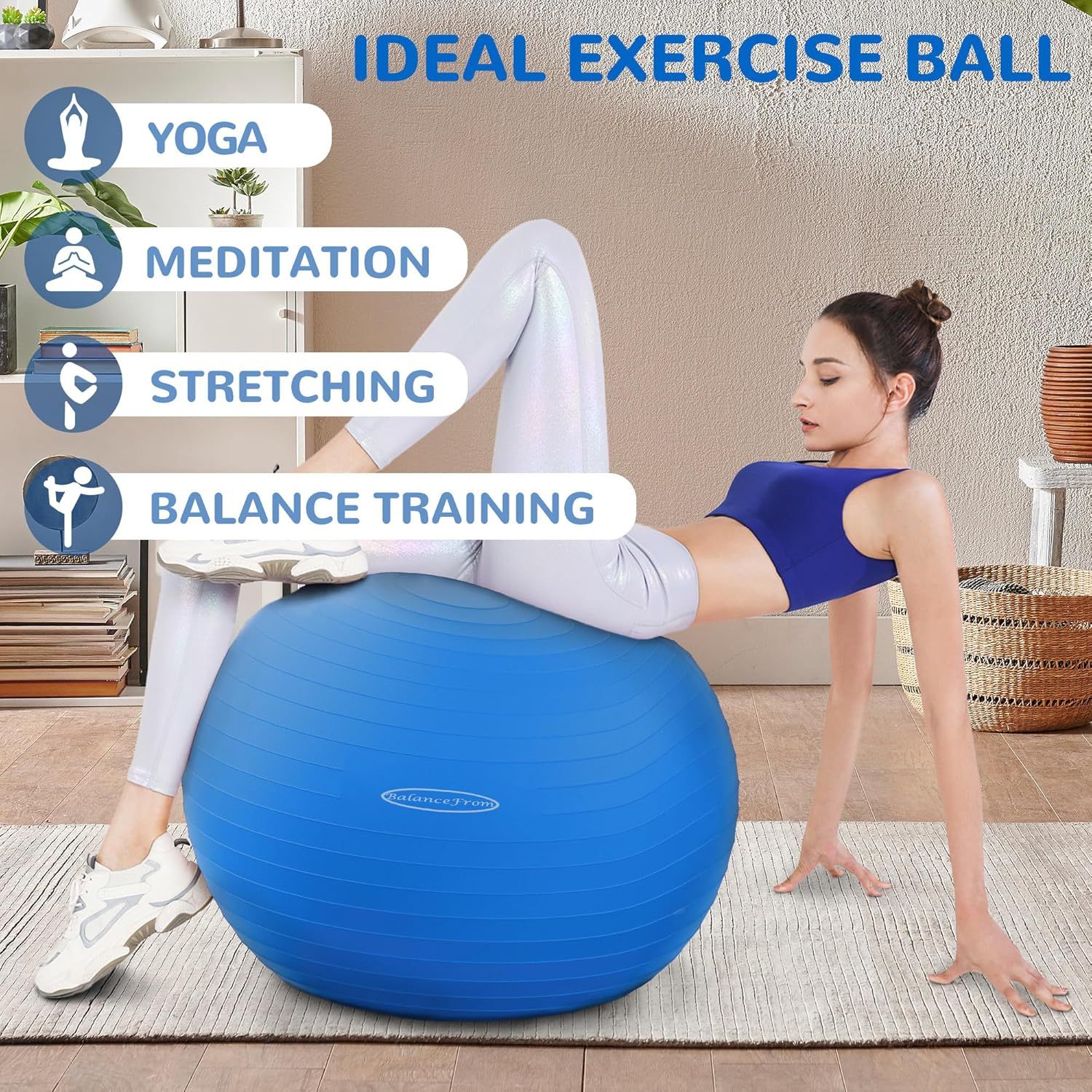 Demonstrates the multiple use cases and versatility of the exercise ball, showing shoppers it can be used for yoga, meditation, stretching, and balance training activities. Highlights four distinct…