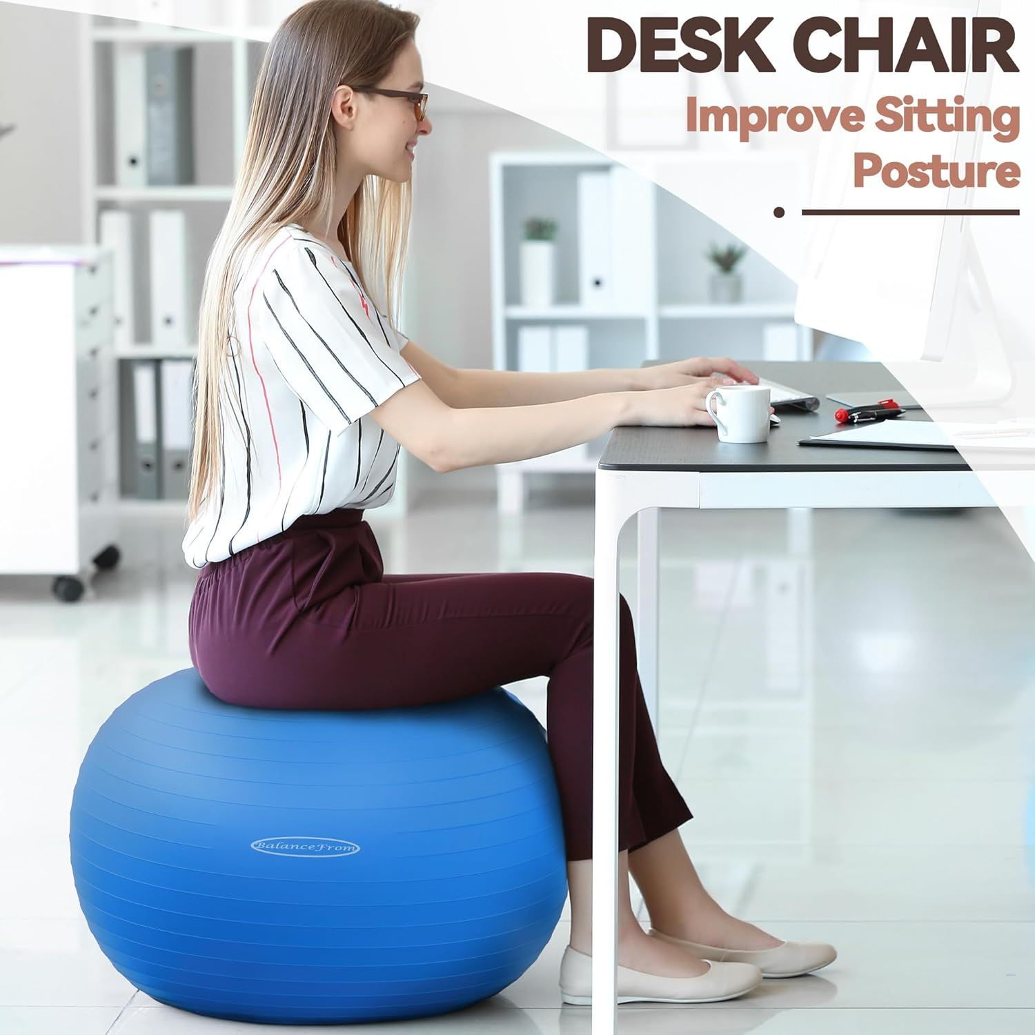 Demonstrates how the exercise ball desk chair helps improve sitting posture during work, reassuring shoppers about ergonomic health benefits.
