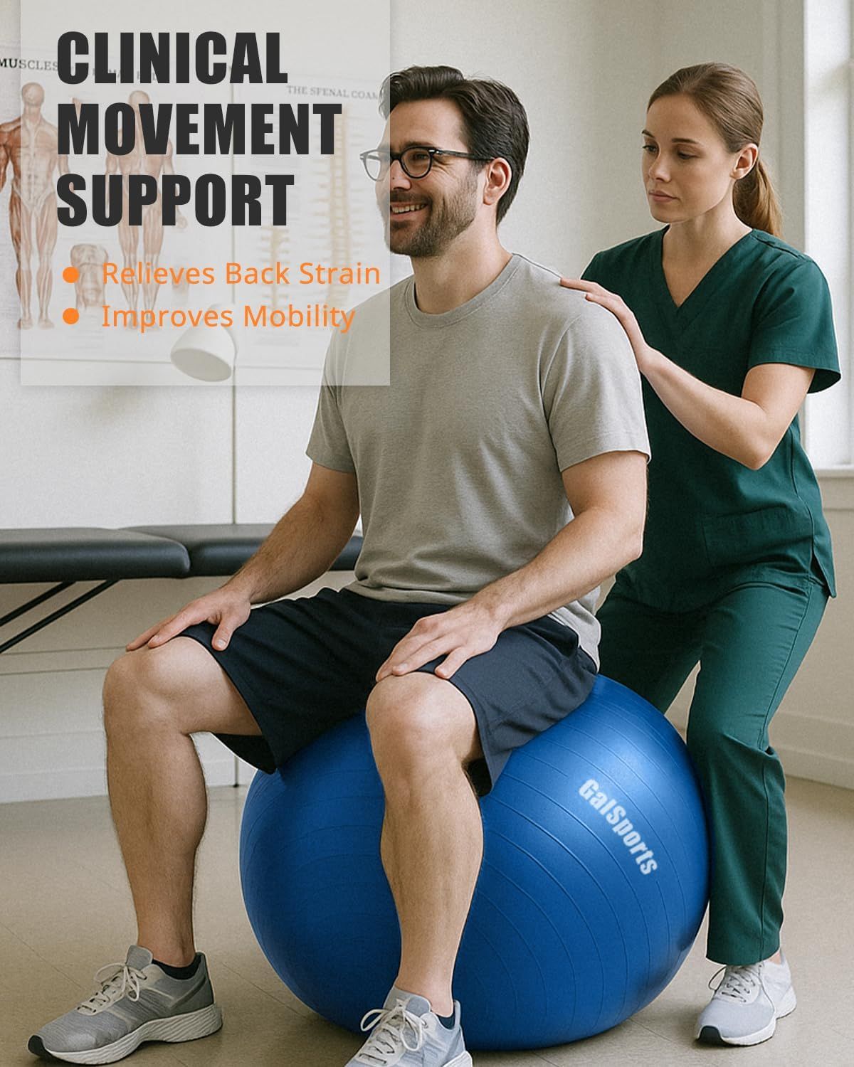 Communicates two distinct benefits of the product—relieving back strain and improving mobility—through a segmented text layout with bullet points, reinforcing clinical movement support.