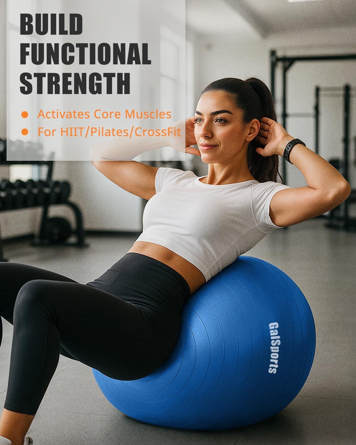 Demonstrates the versatility of the exercise ball by showing it can be used across multiple fitness disciplines, reassuring shoppers that it's suitable for various workout styles. Highlights the…