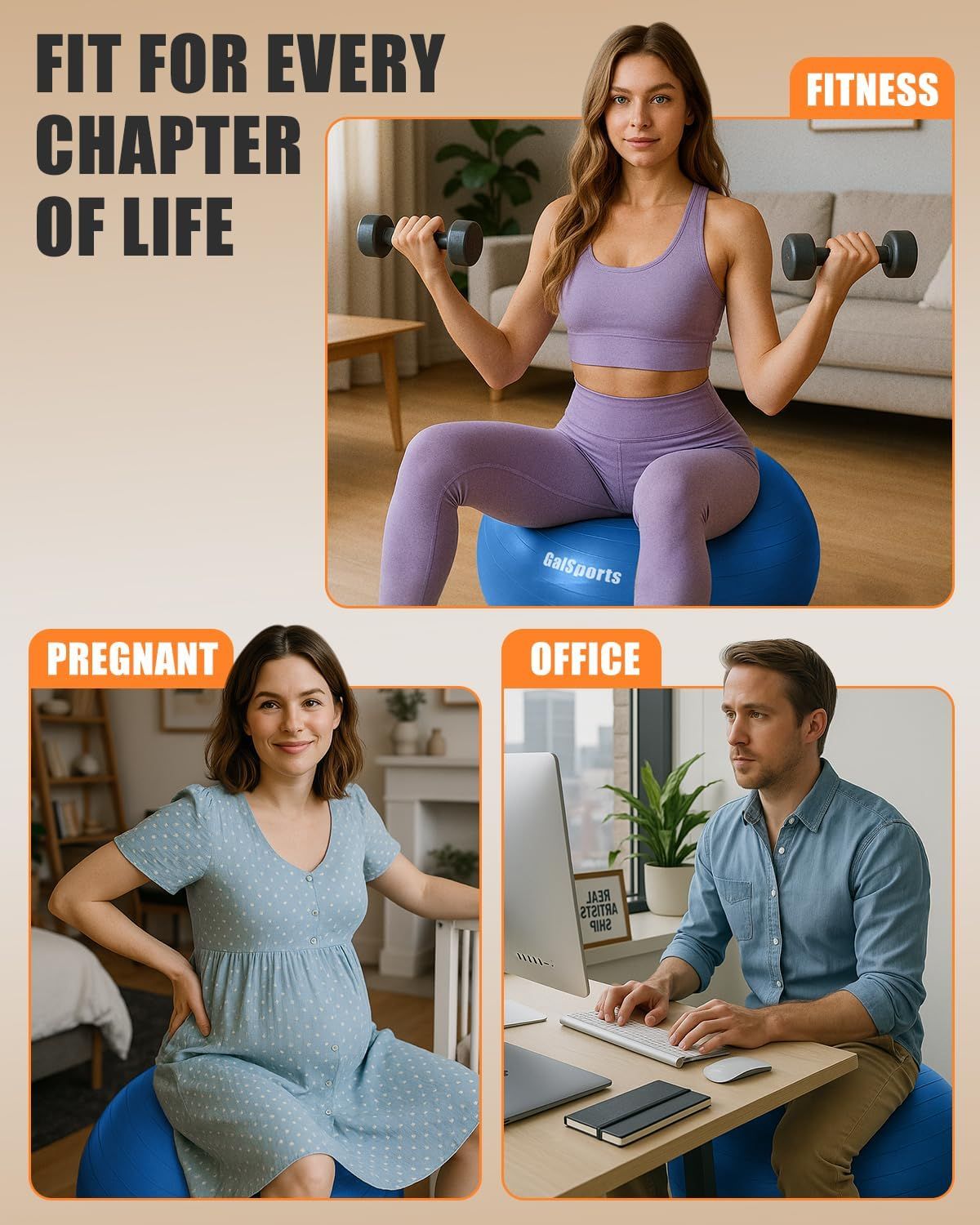 Demonstrates the product's versatility by showing it can be used across different life stages and environments—fitness workouts, pregnancy support, and office seating—to reassure shoppers it's a…