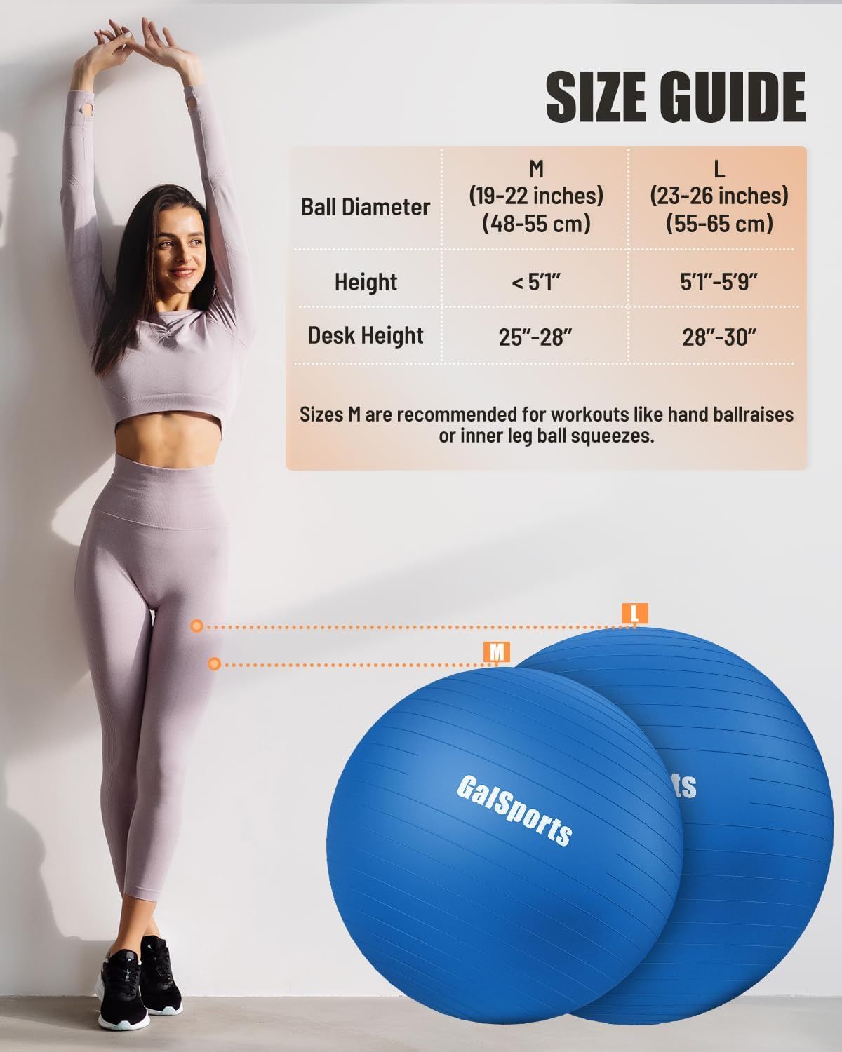 Helps shoppers select the correct exercise ball size based on their height, desk height, and intended workout type, ensuring proper fit and functionality.