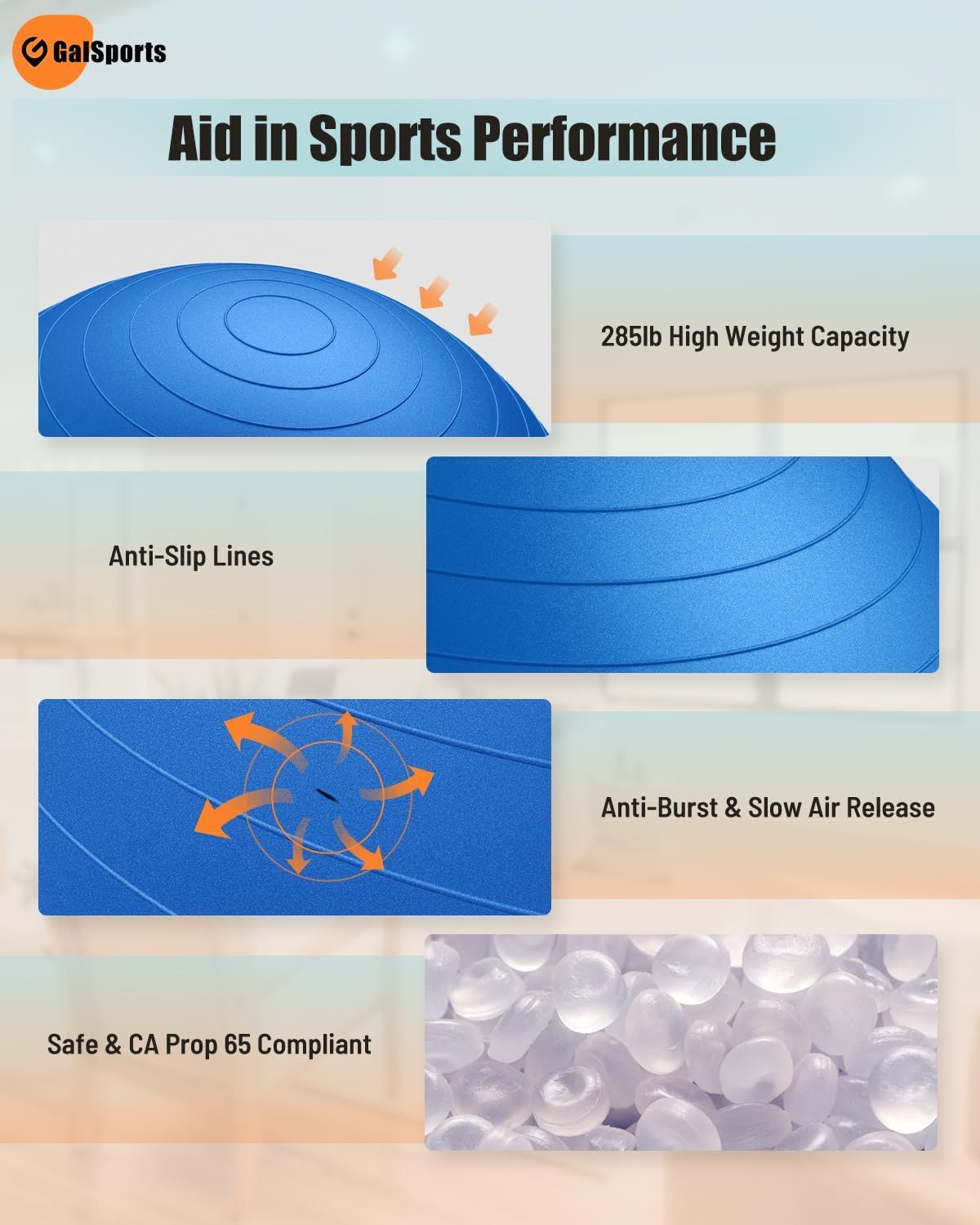 Communicates multiple key benefits of the sports balance product including weight capacity, safety features, and compliance certifications to reassure shoppers of quality and performance.