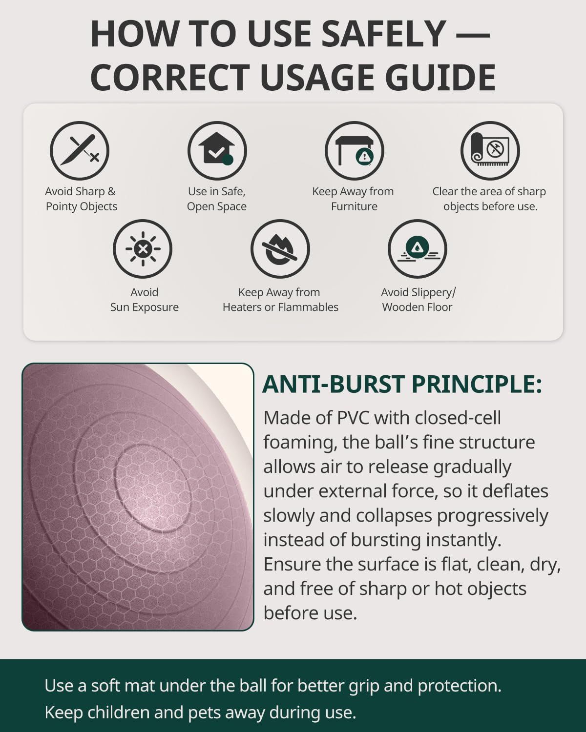 Educates shoppers on how to use the product safely and correctly, providing multiple safety guidelines and explaining the anti-burst construction to reassure users about safe operation. Emphasizes…