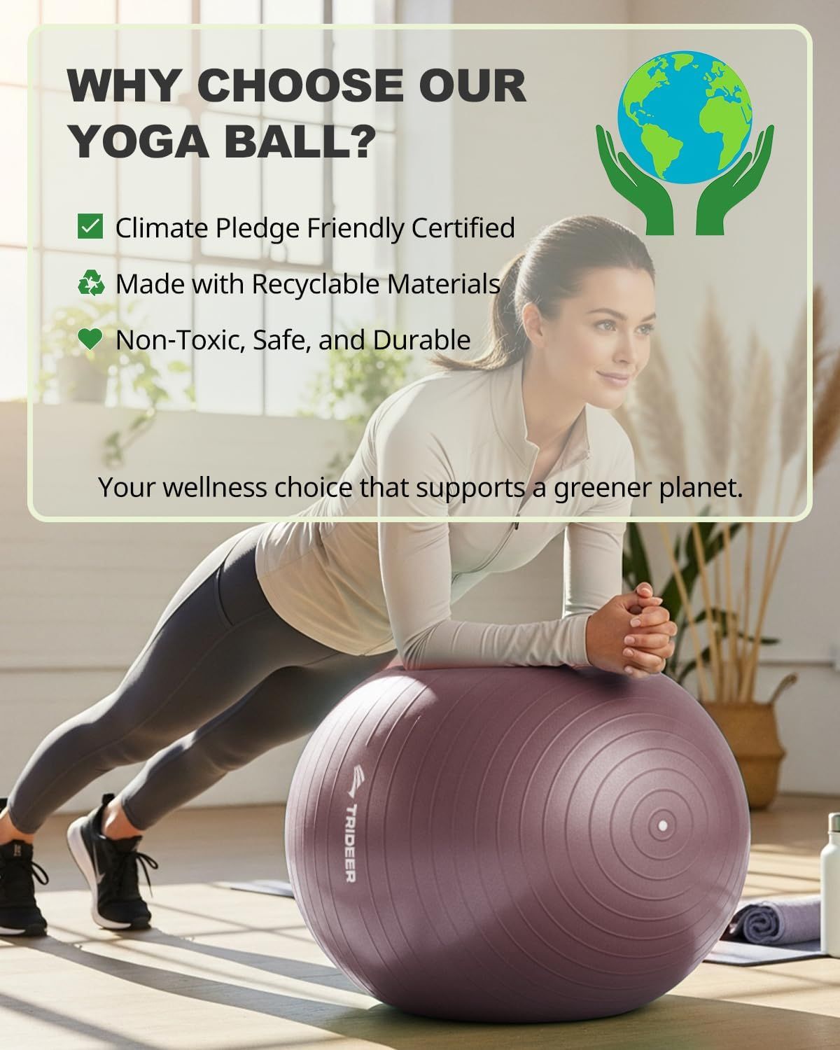 Communicates the product's environmental responsibility and safety credentials to appeal to eco-conscious shoppers seeking sustainable wellness products. Highlights three distinct selling benefits…