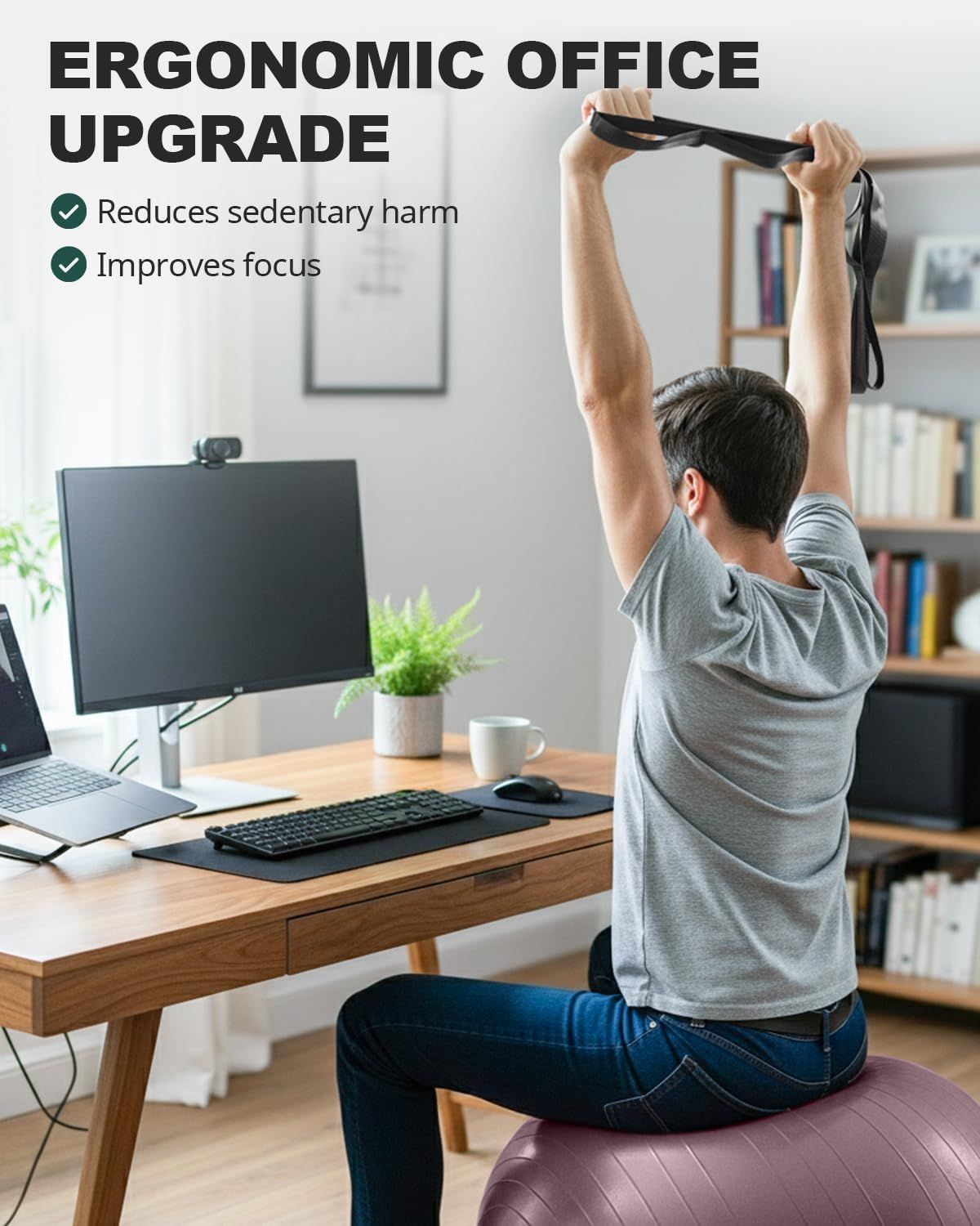 Communicates that the product enables an ergonomic office upgrade that reduces sedentary harm and improves focus, positioning it as a health-conscious solution for desk workers.