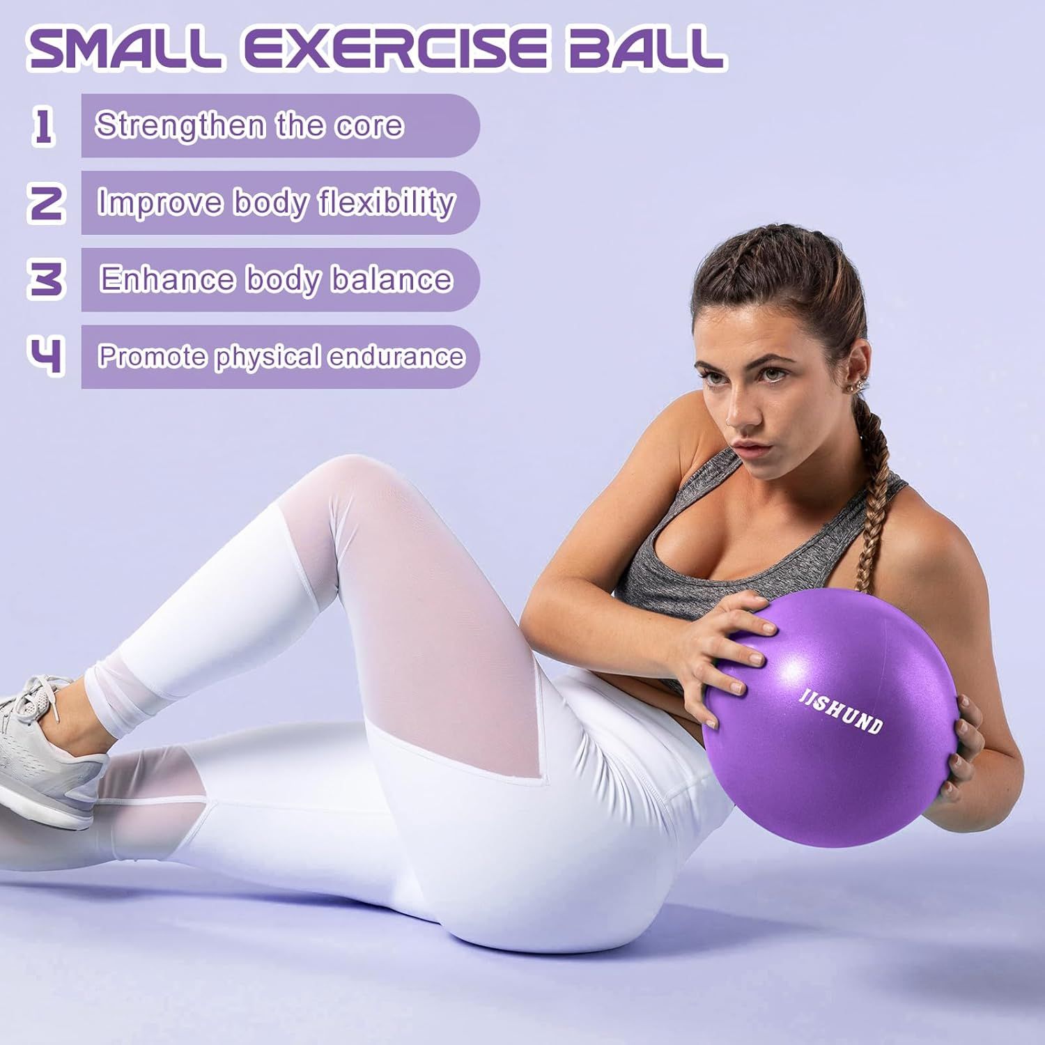 Communicates four distinct fitness benefits of the exercise ball in a numbered list format to show shoppers the versatile training advantages of the product.