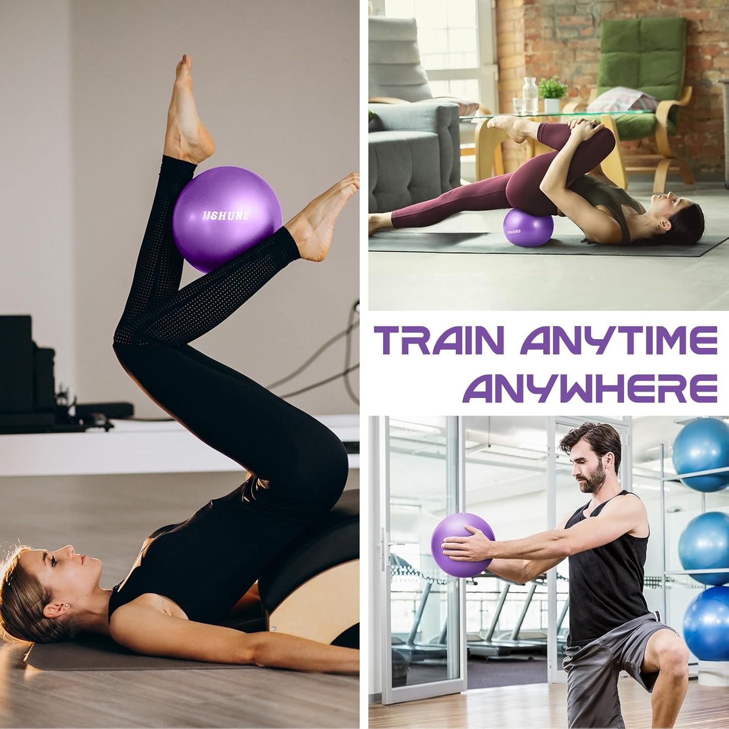 Demonstrates the versatility of the exercise ball by showing multiple use cases across different environments (home and gym) and different exercise types, reassuring shoppers that the product can be…