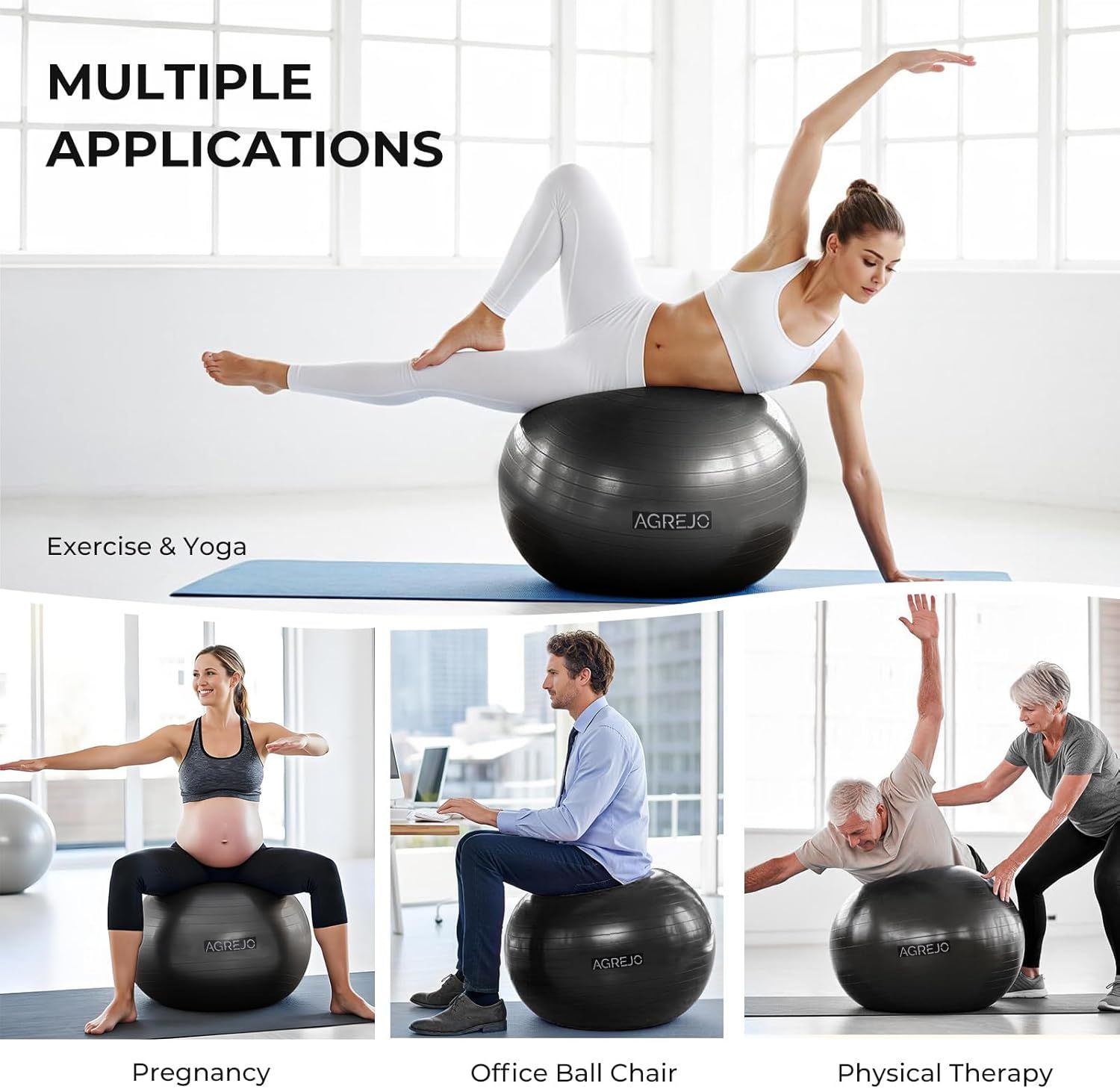 Demonstrates the versatility of the exercise ball by showing four distinct use cases: fitness/yoga, pregnancy support, office seating, and physical therapy, reassuring shoppers that this product…