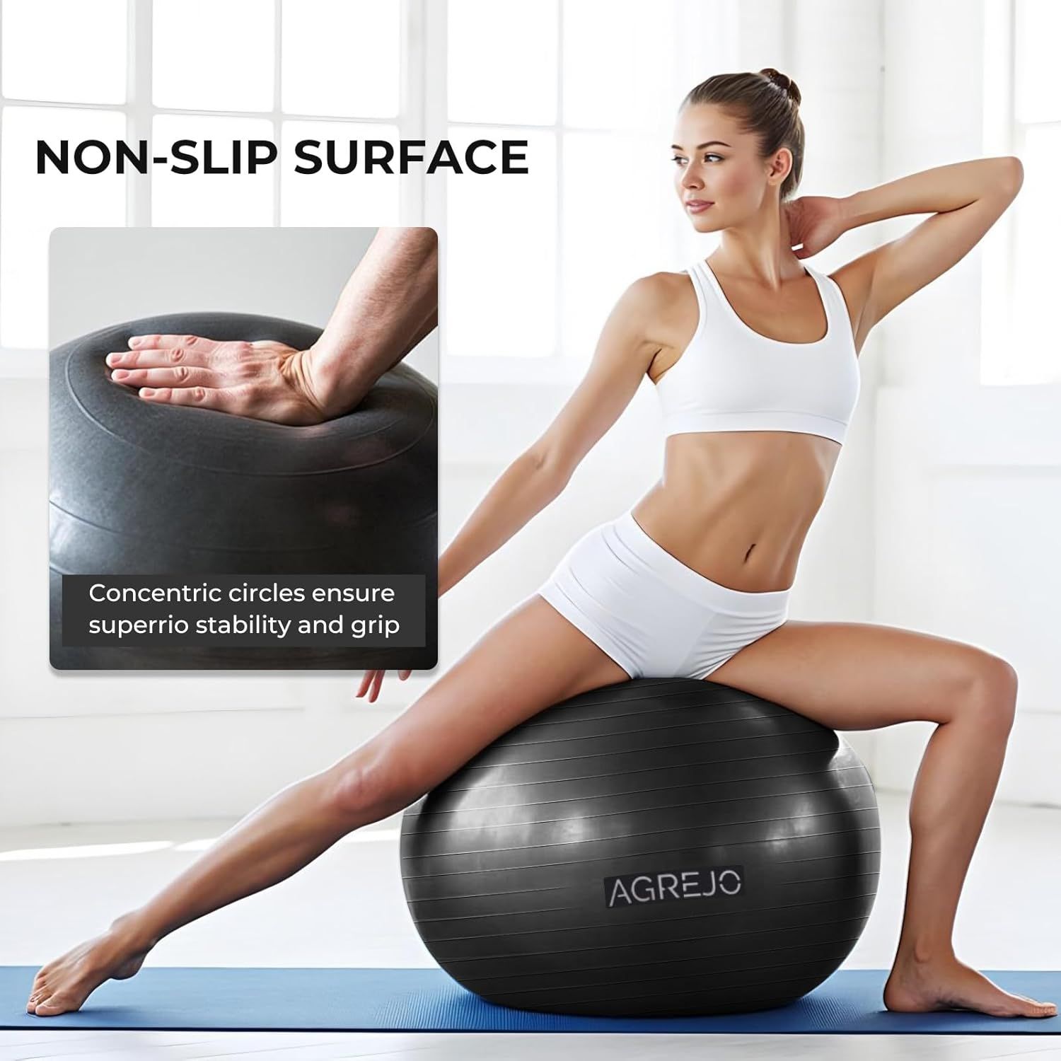 Highlights the non-slip surface feature with concentric circles that ensure superior stability and grip during exercise, reassuring shoppers of safety and performance during workouts. Communicates…