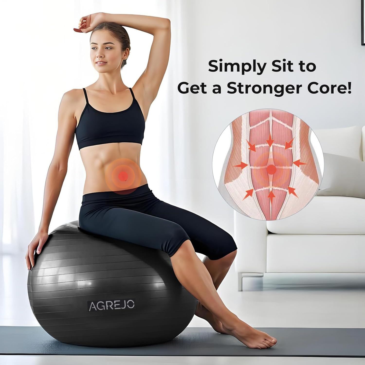 Communicates that the product (exercise ball) enables easy core strengthening through simple sitting exercises, supported by an anatomical diagram showing targeted muscle engagement.