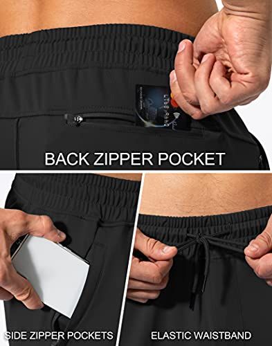 Demonstrates three distinct functional features of the athletic shorts—secure back storage, side pocket access, and comfortable elastic waistband—to communicate versatility and practical design.