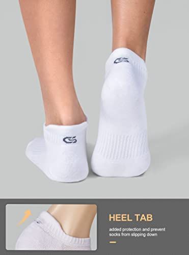 Highlights the heel tab feature that provides added protection and prevents socks from slipping down during wear.