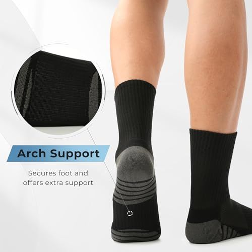 Highlights the arch support feature of the socks to reassure shoppers that the product provides extra foot support and stability. Communicates the primary benefit of arch support, emphasizing foot…
